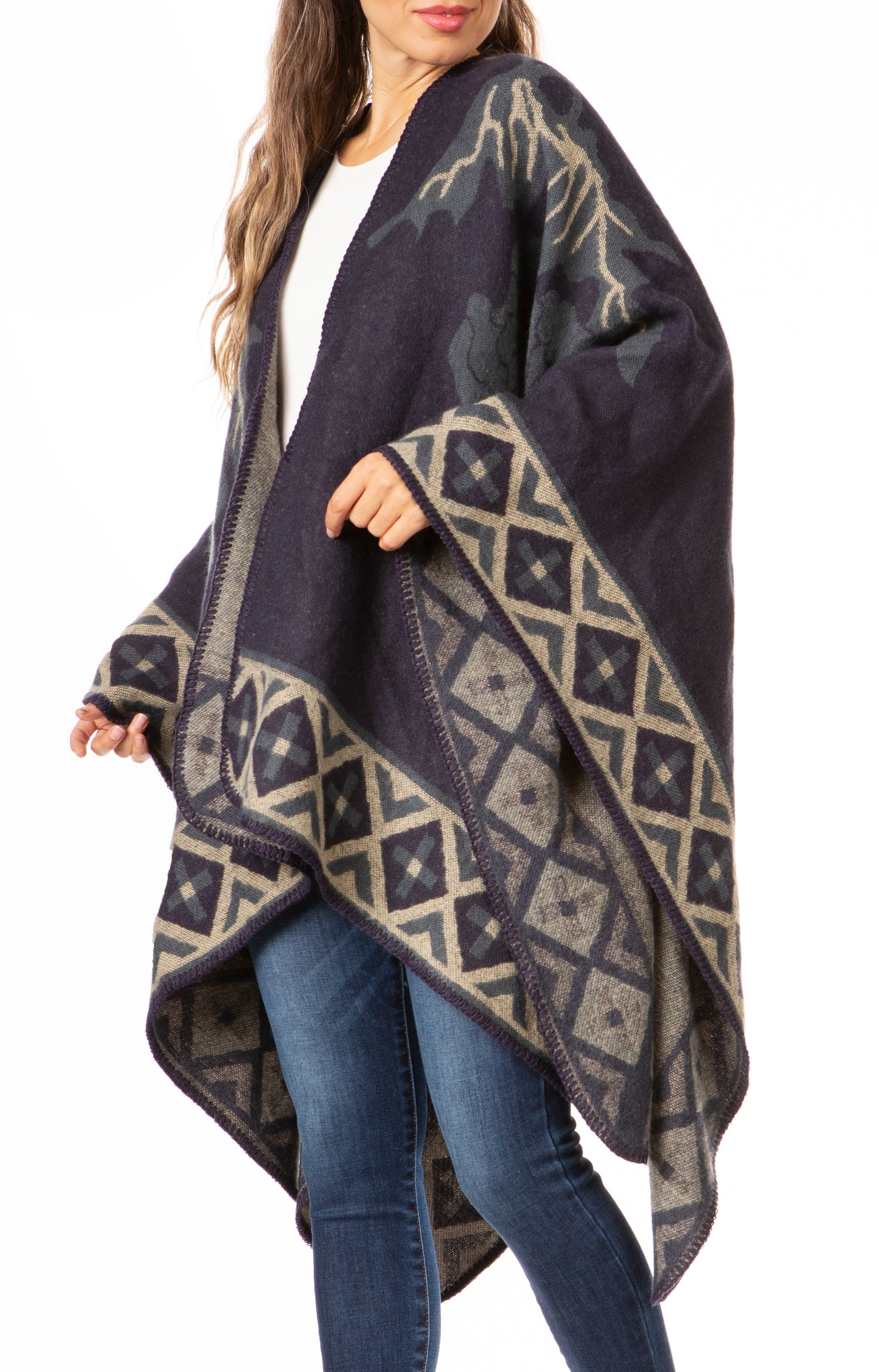 Sakkas Lupe Womens Reversible Poncho Wrap Cape Shawl Sweater Coat Cardigan Pattern - Concordia Style Boutique