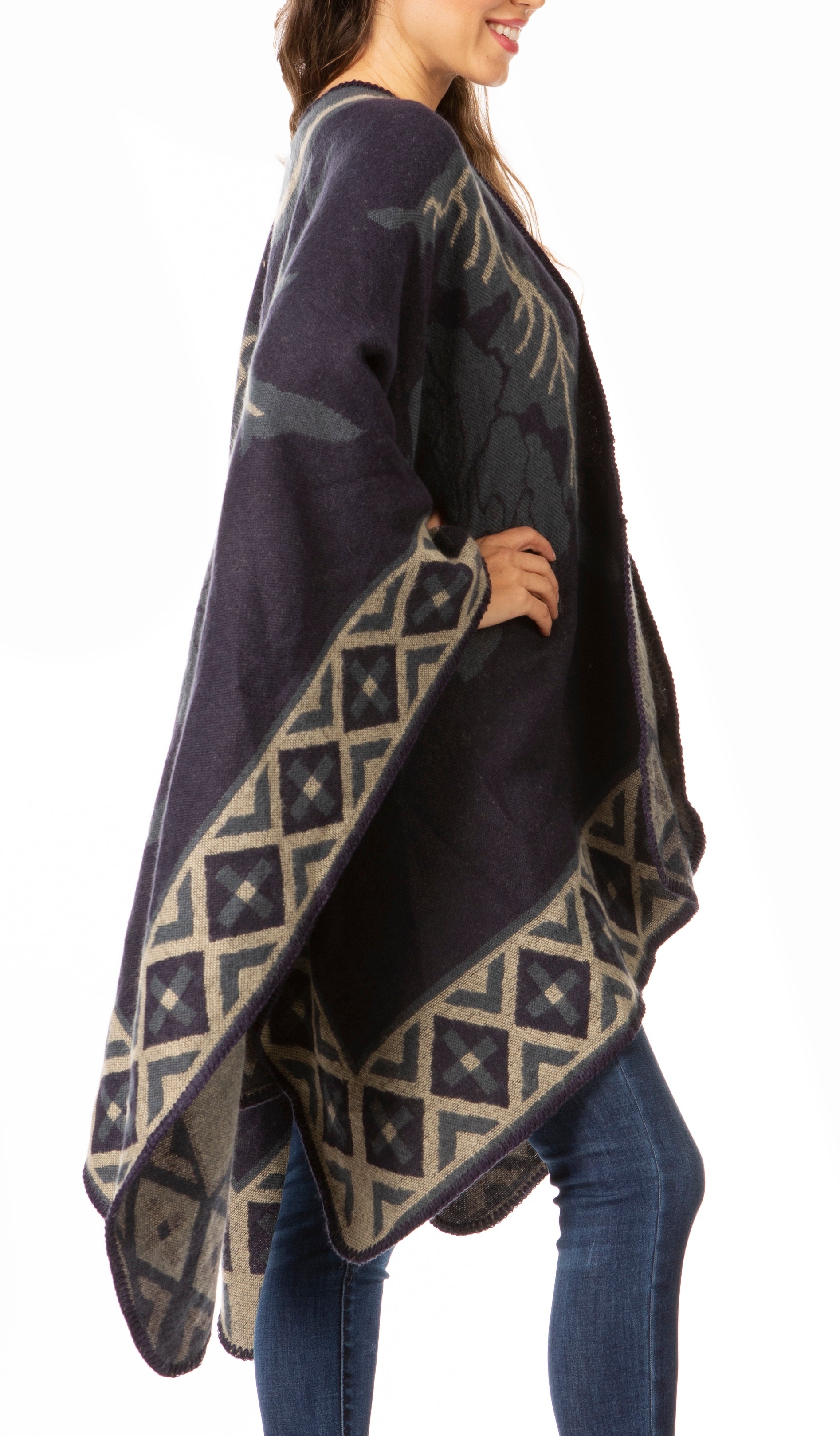 Sakkas Lupe Womens Reversible Poncho Wrap Cape Shawl Sweater Coat Cardigan Pattern - Concordia Style Boutique