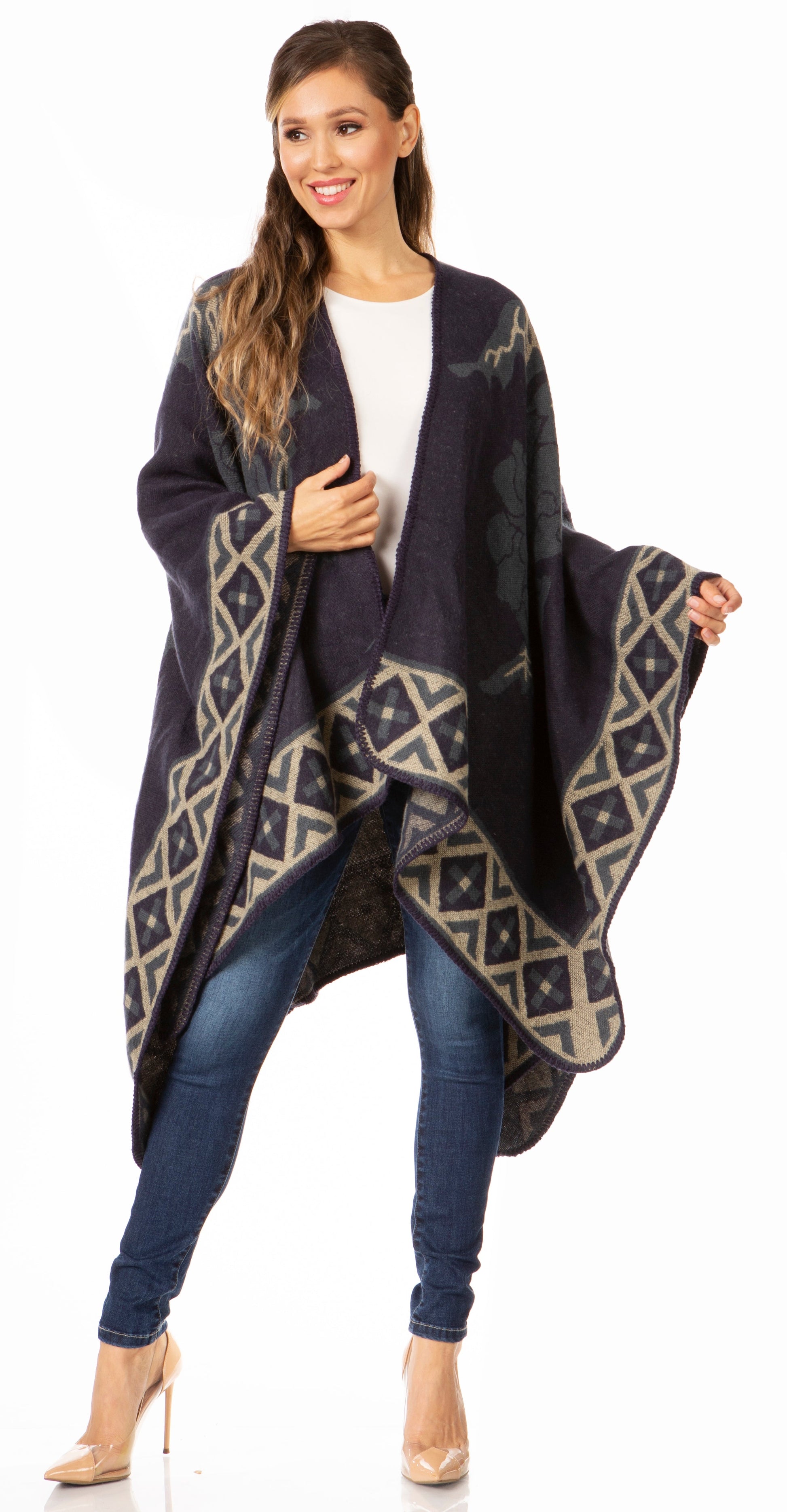 Sakkas Lupe Womens Reversible Poncho Wrap Cape Shawl Sweater Coat Cardigan Pattern - Concordia Style Boutique