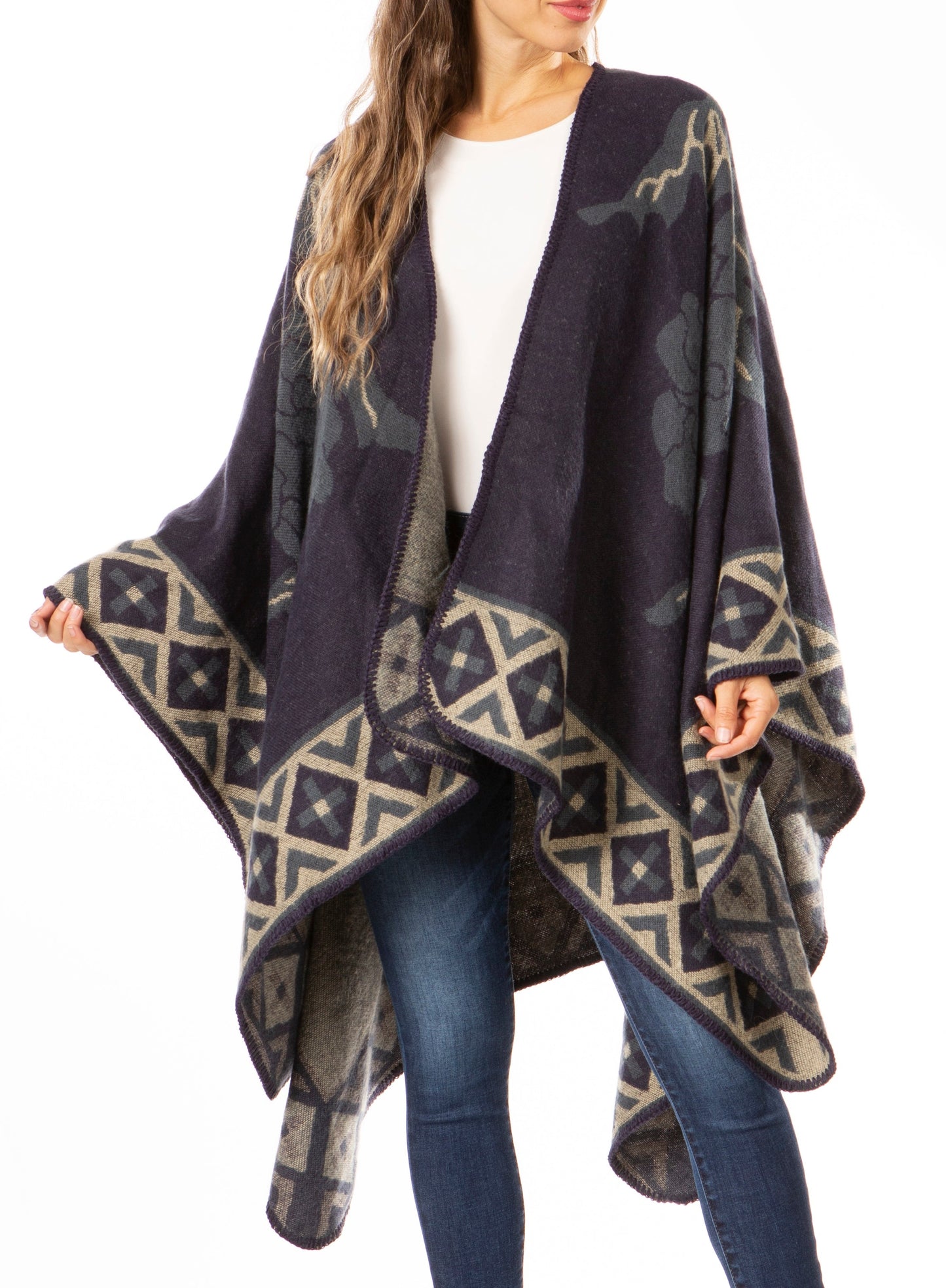 Sakkas Lupe Womens Reversible Poncho Wrap Cape Shawl Sweater Coat Cardigan Pattern - Concordia Style Boutique