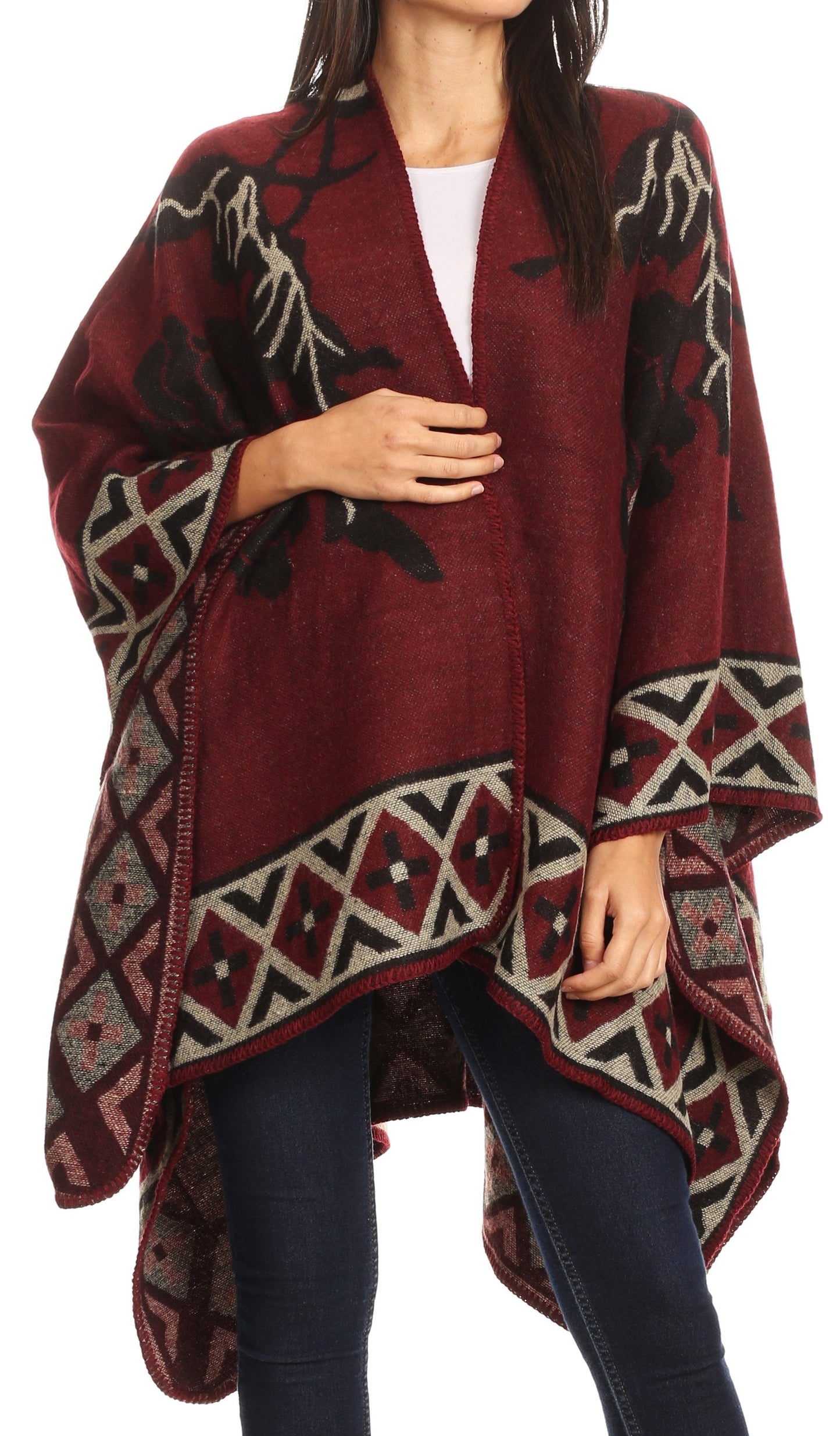 Sakkas Lupe Womens Reversible Poncho Wrap Cape Shawl Sweater Coat Cardigan Pattern - Concordia Style Boutique