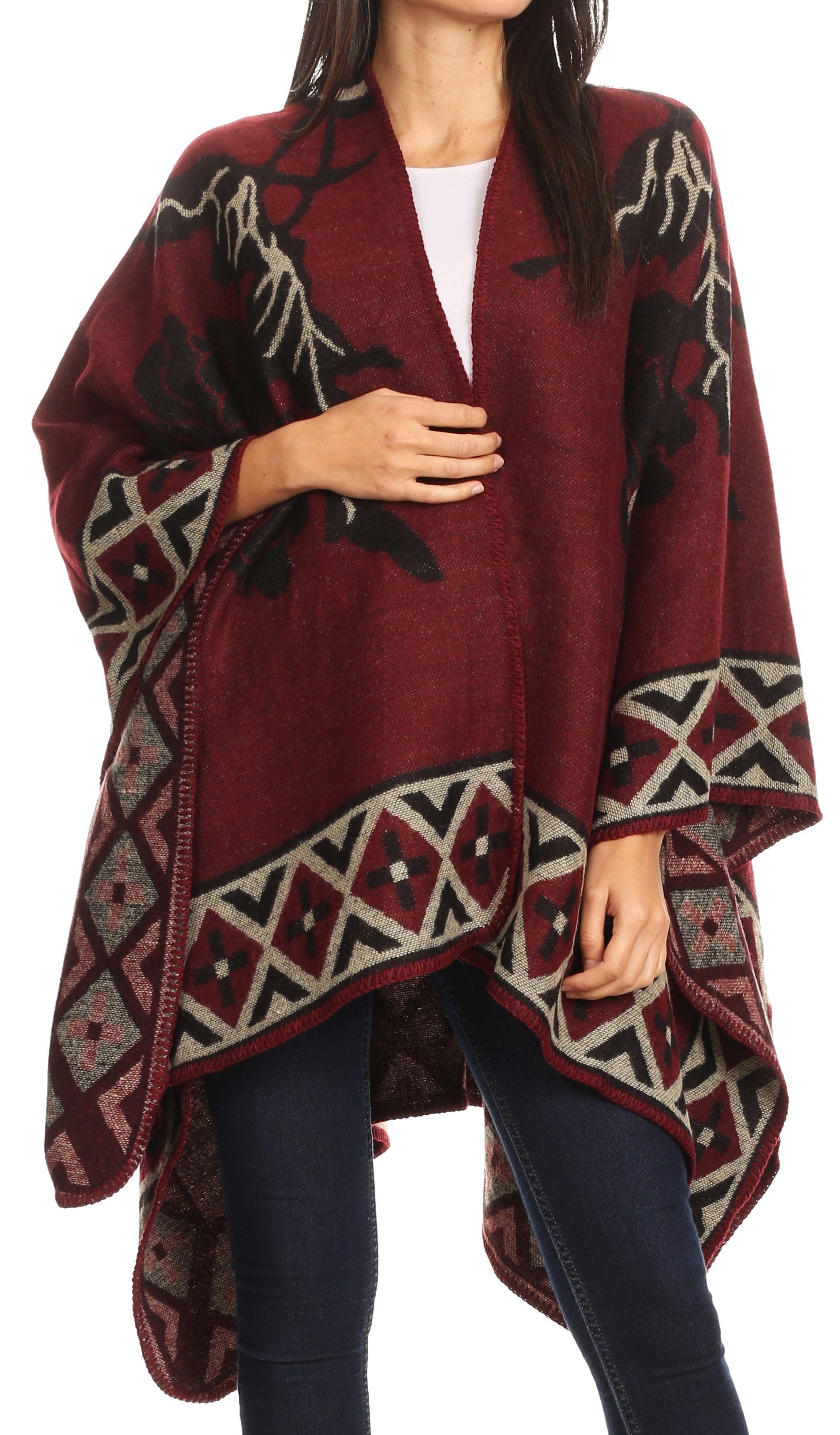 Sakkas Lupe Womens Reversible Poncho Wrap Cape Shawl Sweater Coat Cardigan Pattern - Concordia Style Boutique