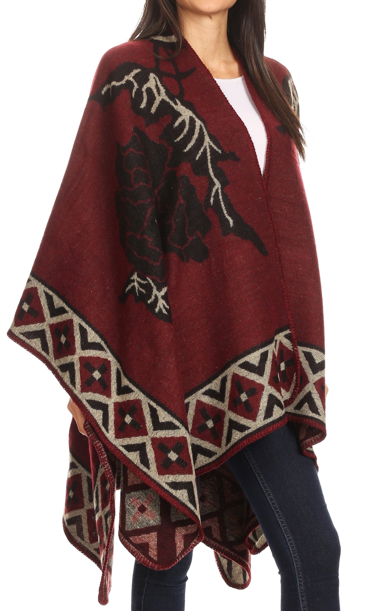 Sakkas Lupe Womens Reversible Poncho Wrap Cape Shawl Sweater Coat Cardigan Pattern - Concordia Style Boutique