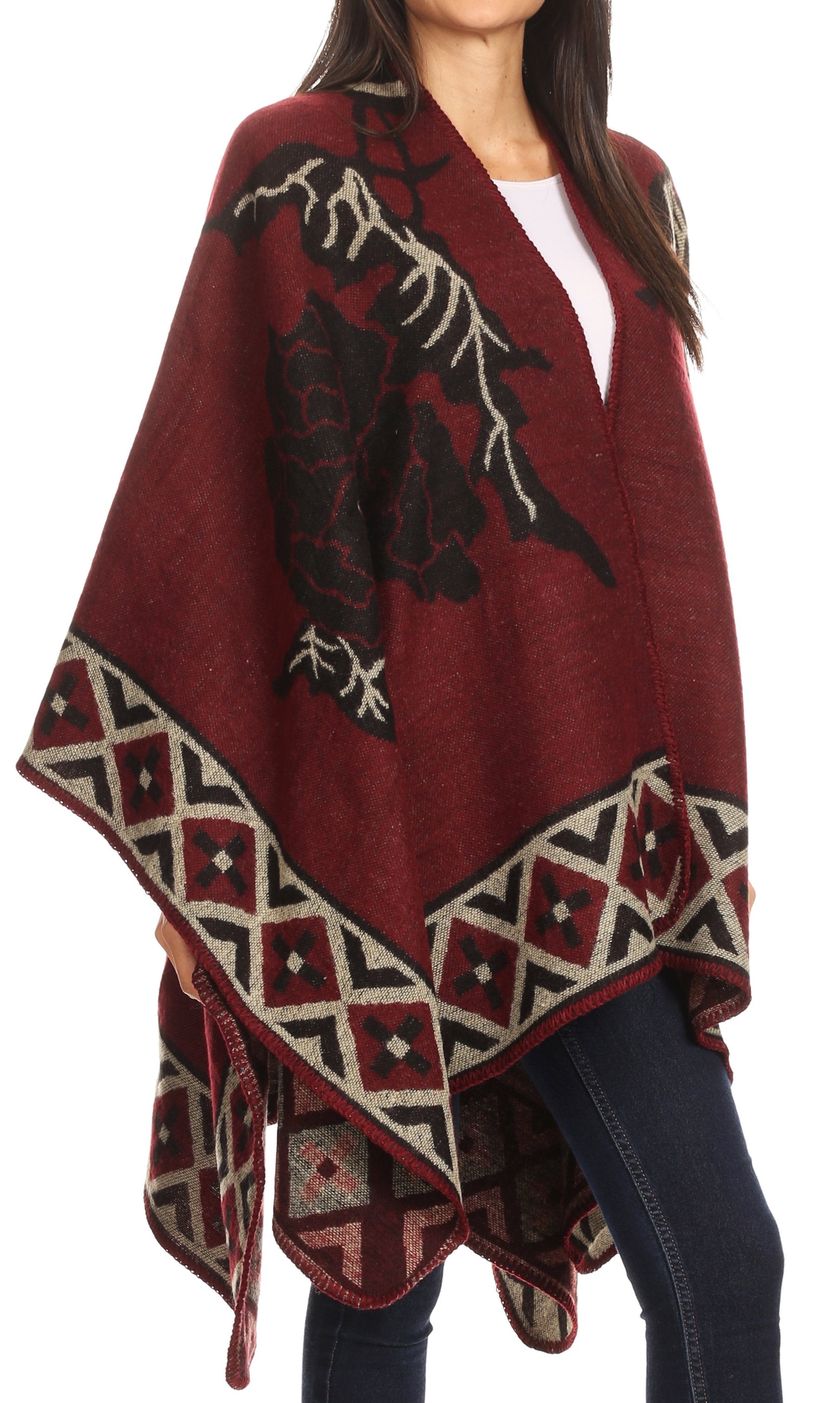 Sakkas Lupe Womens Reversible Poncho Wrap Cape Shawl Sweater Coat Cardigan Pattern - Concordia Style Boutique