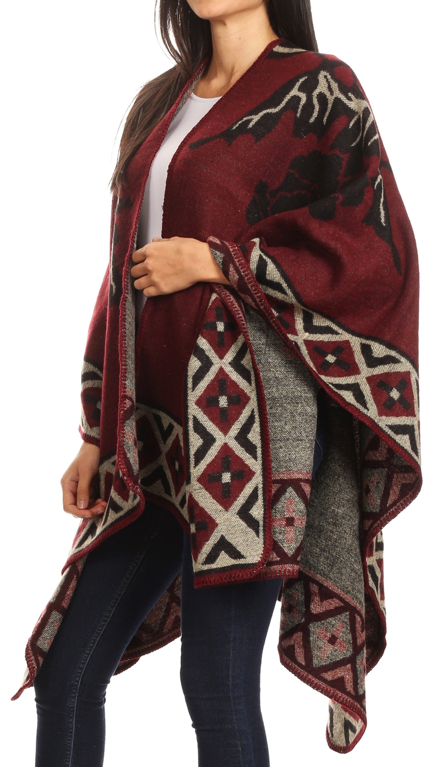 Sakkas Lupe Womens Reversible Poncho Wrap Cape Shawl Sweater Coat Cardigan Pattern - Concordia Style Boutique