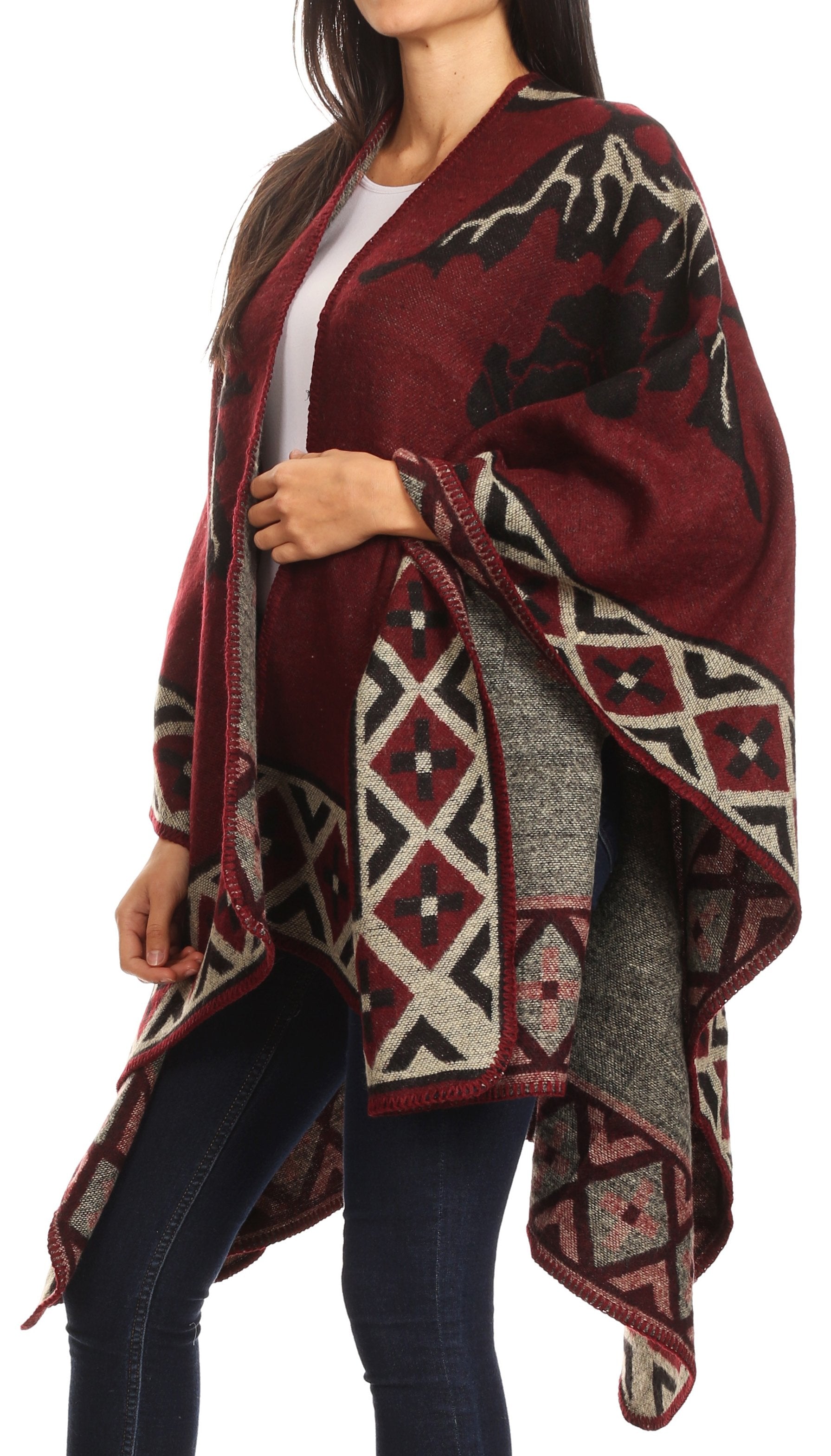 Sakkas Lupe Womens Reversible Poncho Wrap Cape Shawl Sweater Coat Cardigan Pattern - Concordia Style Boutique