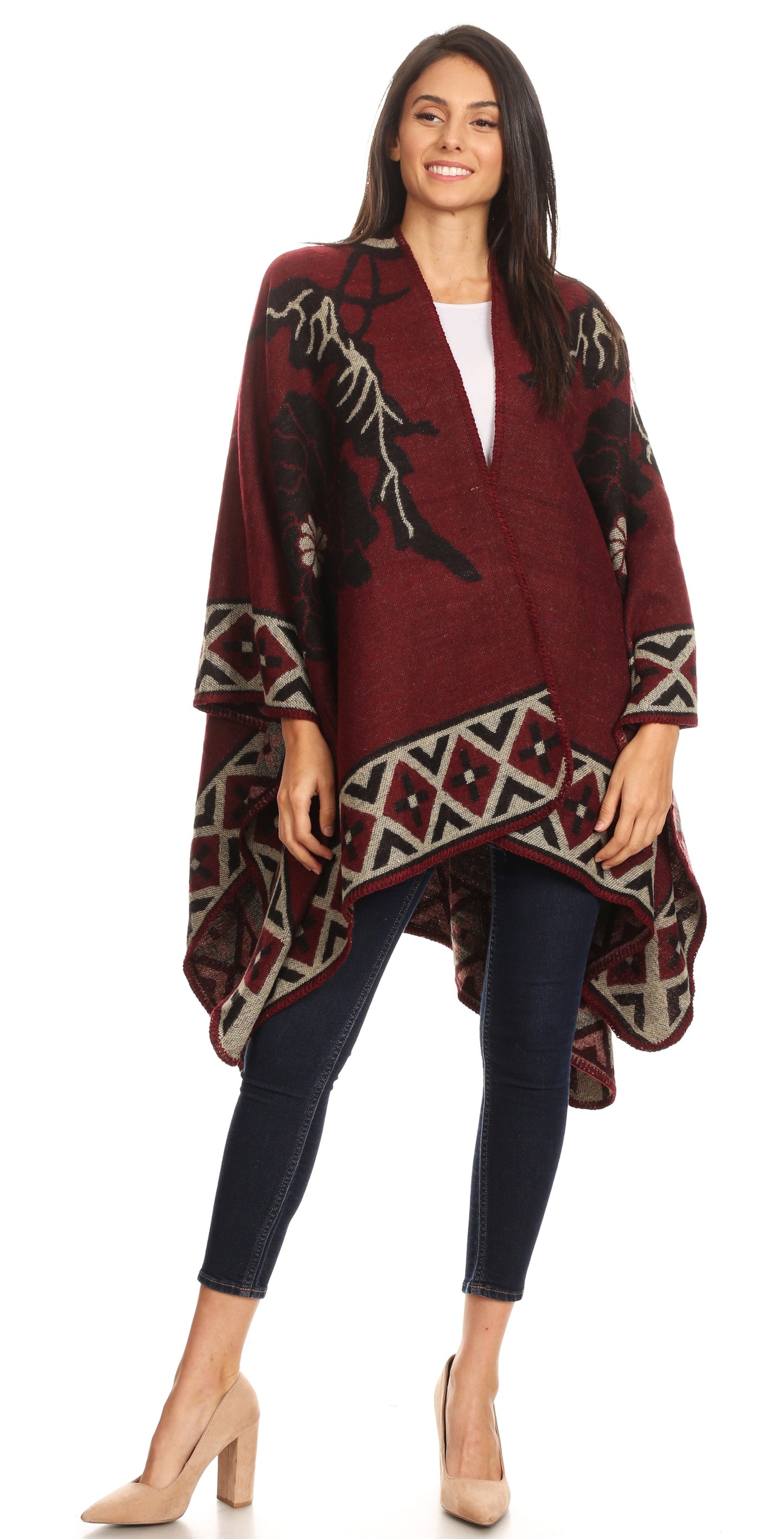 Sakkas Lupe Womens Reversible Poncho Wrap Cape Shawl Sweater Coat Cardigan Pattern - Concordia Style Boutique