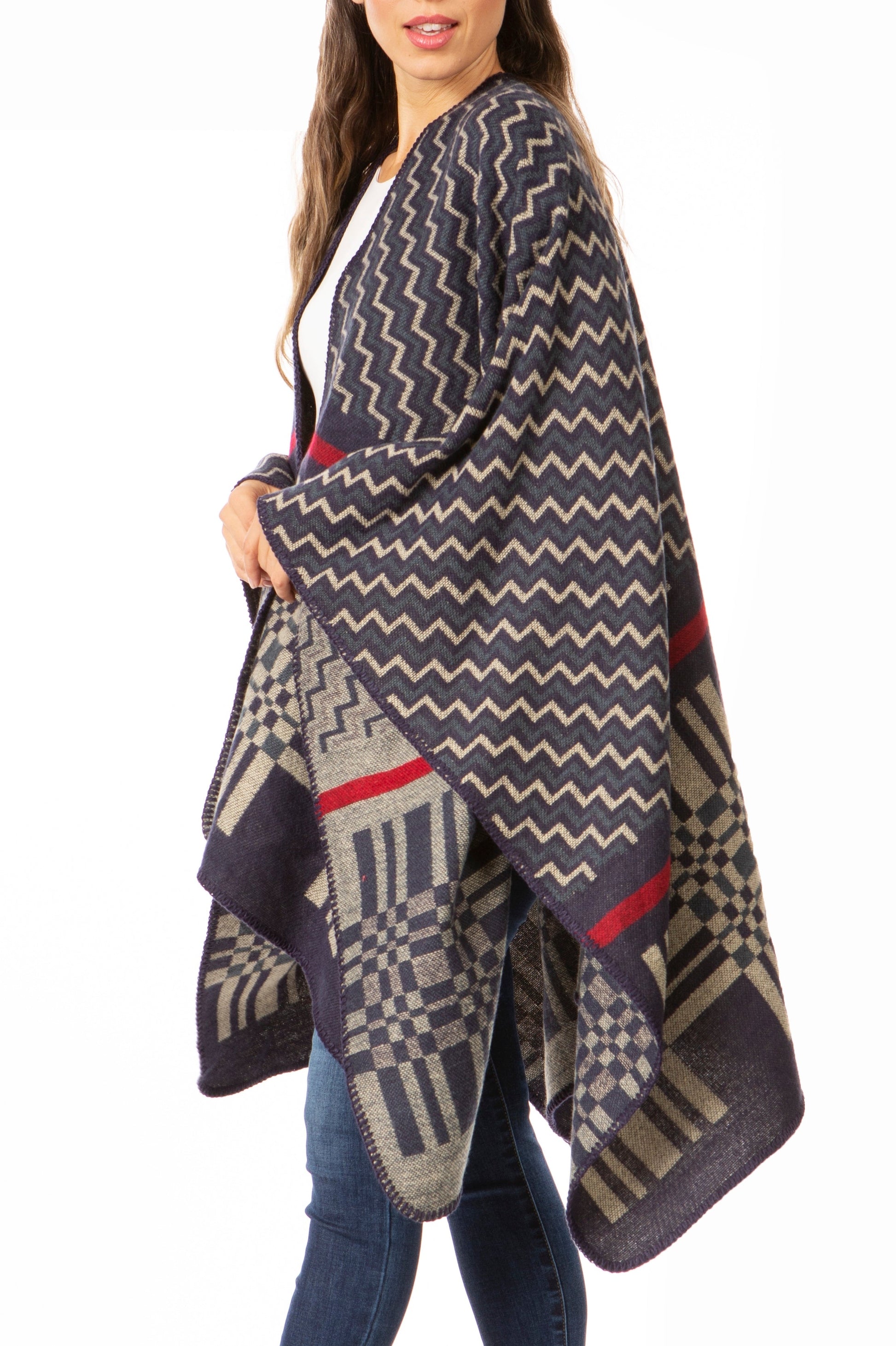 Sakkas Lupe Womens Reversible Poncho Wrap Cape Shawl Sweater Coat Cardigan Pattern - Concordia Style Boutique