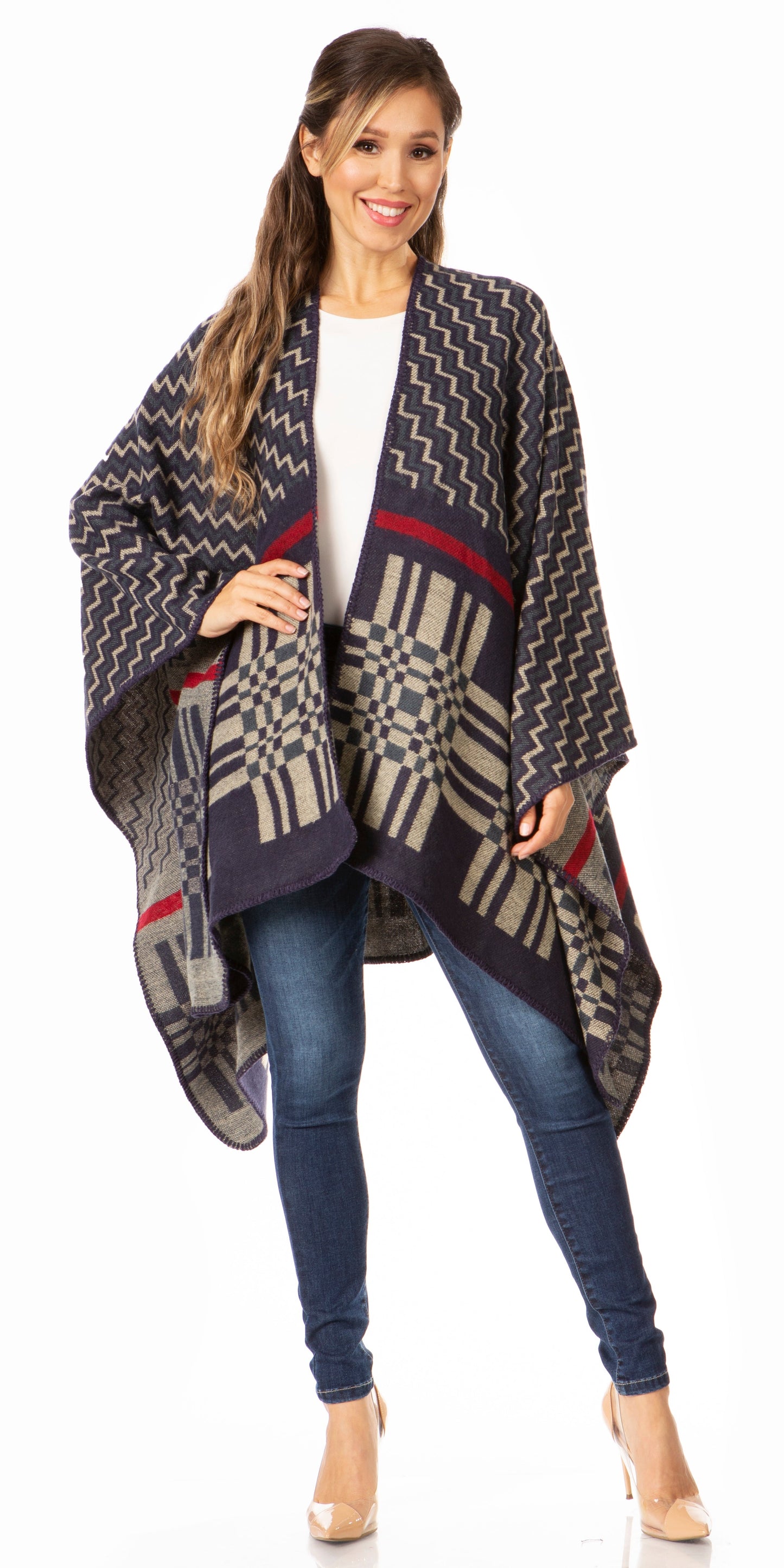 Sakkas Lupe Womens Reversible Poncho Wrap Cape Shawl Sweater Coat Cardigan Pattern - Concordia Style Boutique
