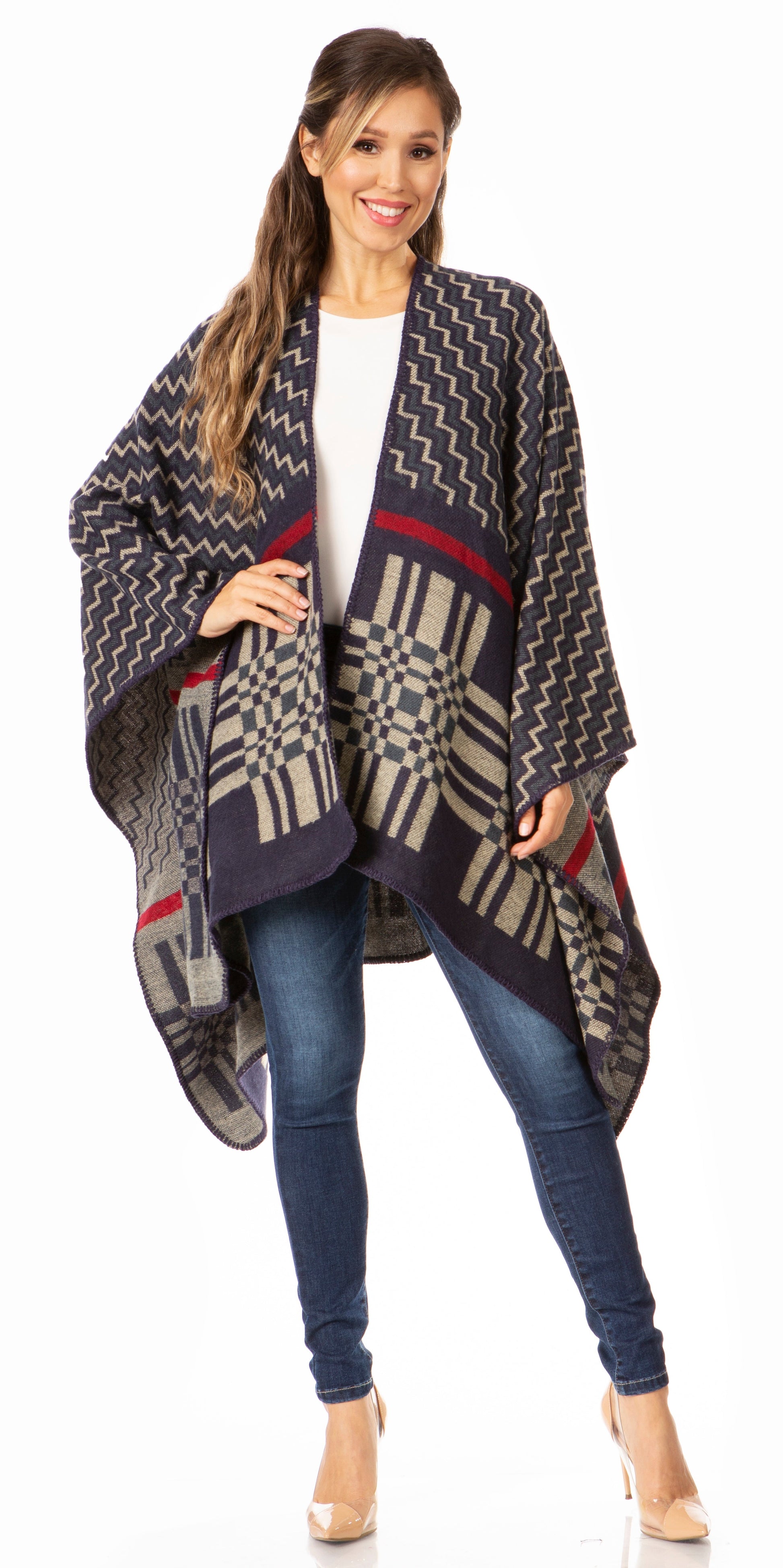 Sakkas Lupe Womens Reversible Poncho Wrap Cape Shawl Sweater Coat Cardigan Pattern - Concordia Style Boutique