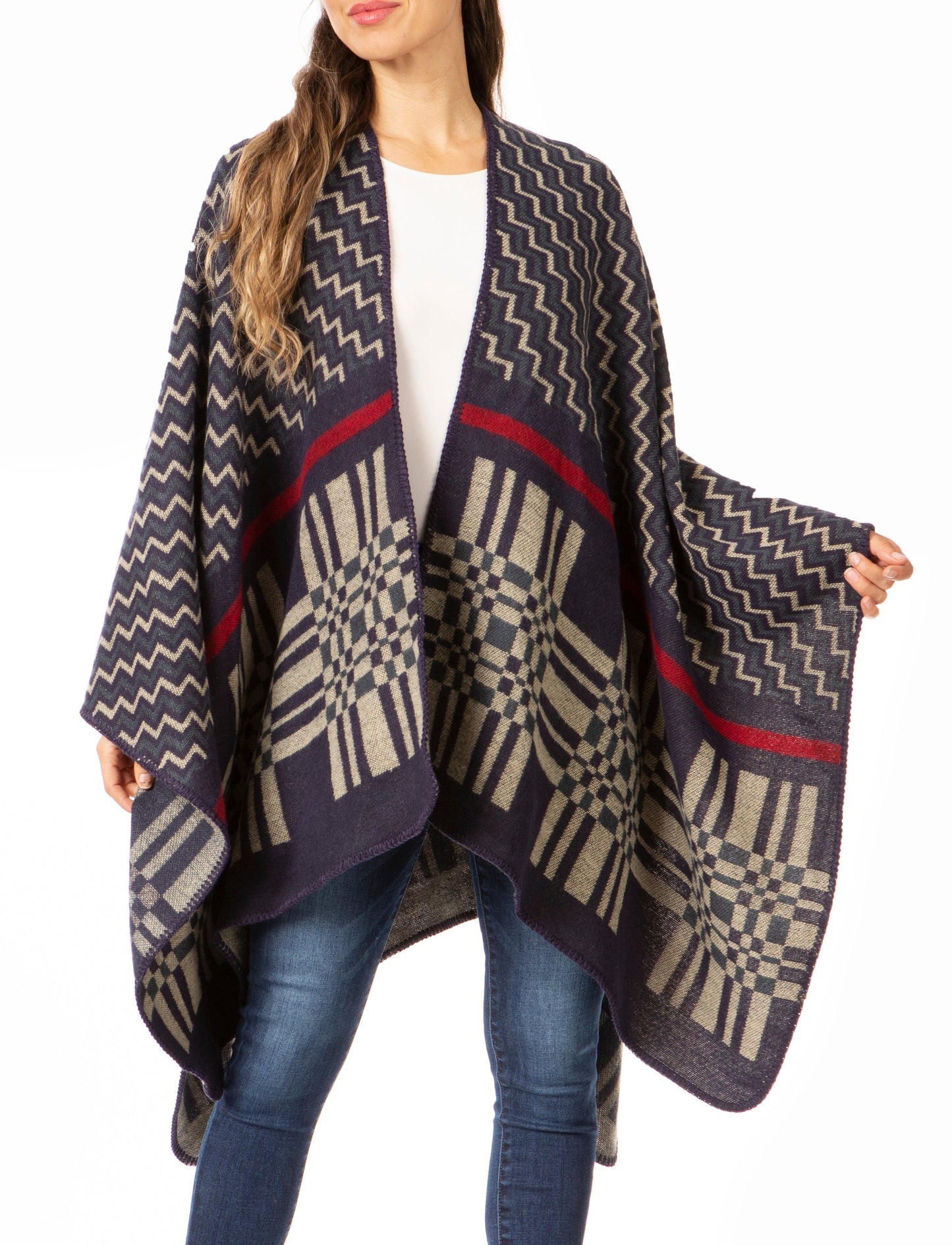 Sakkas Lupe Womens Reversible Poncho Wrap Cape Shawl Sweater Coat Cardigan Pattern - Concordia Style Boutique