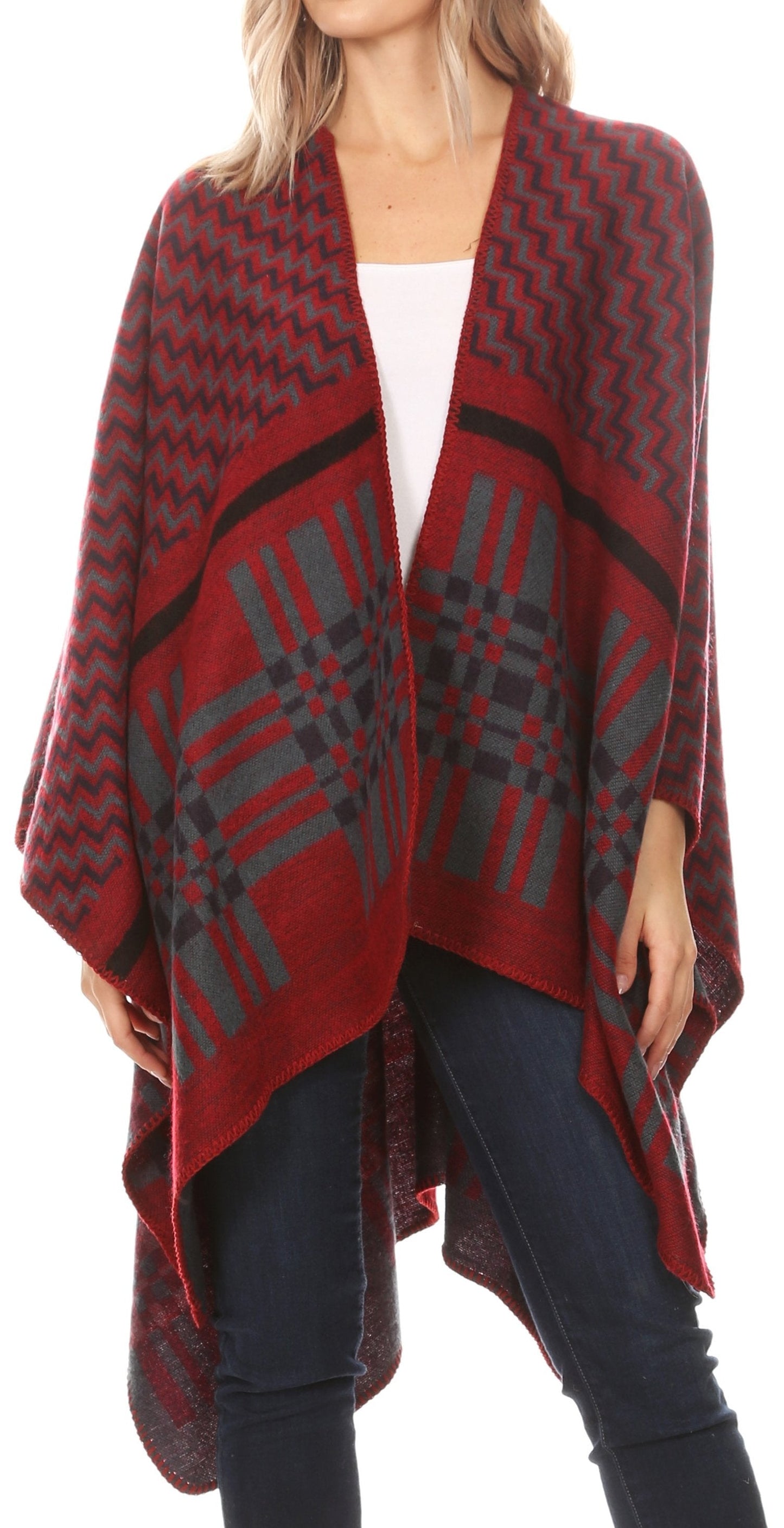Sakkas Lupe Womens Reversible Poncho Wrap Cape Shawl Sweater Coat Cardigan Pattern - Concordia Style Boutique