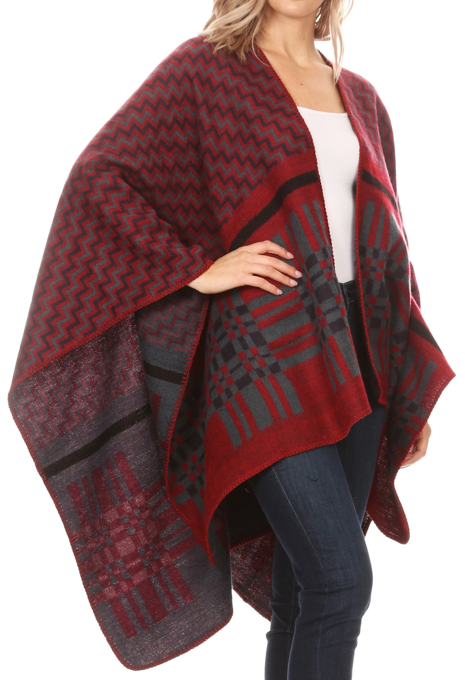 Sakkas Lupe Womens Reversible Poncho Wrap Cape Shawl Sweater Coat Cardigan Pattern - Concordia Style Boutique