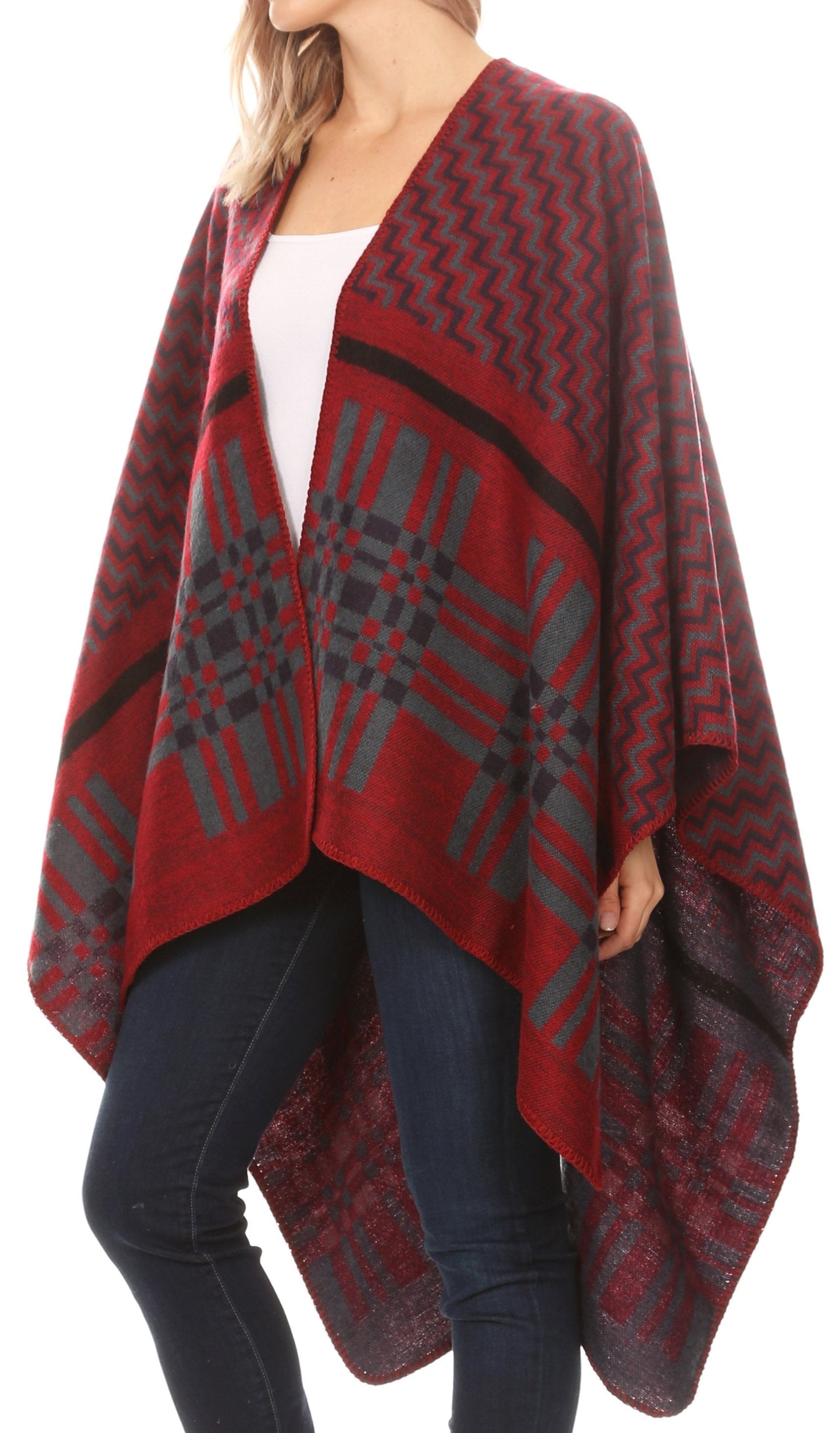 Sakkas Lupe Womens Reversible Poncho Wrap Cape Shawl Sweater Coat Cardigan Pattern - Concordia Style Boutique