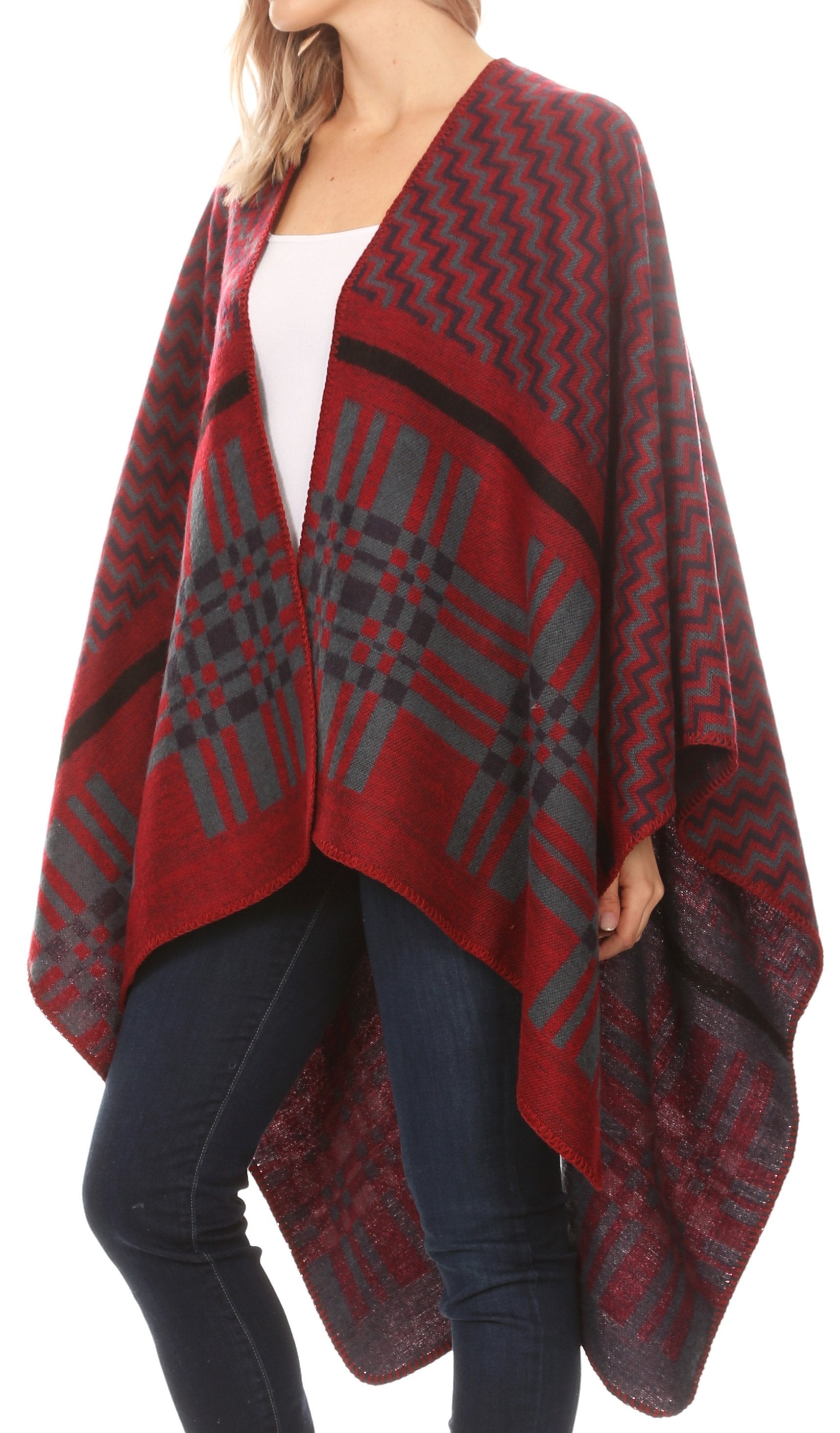 Sakkas Lupe Womens Reversible Poncho Wrap Cape Shawl Sweater Coat Cardigan Pattern - Concordia Style Boutique