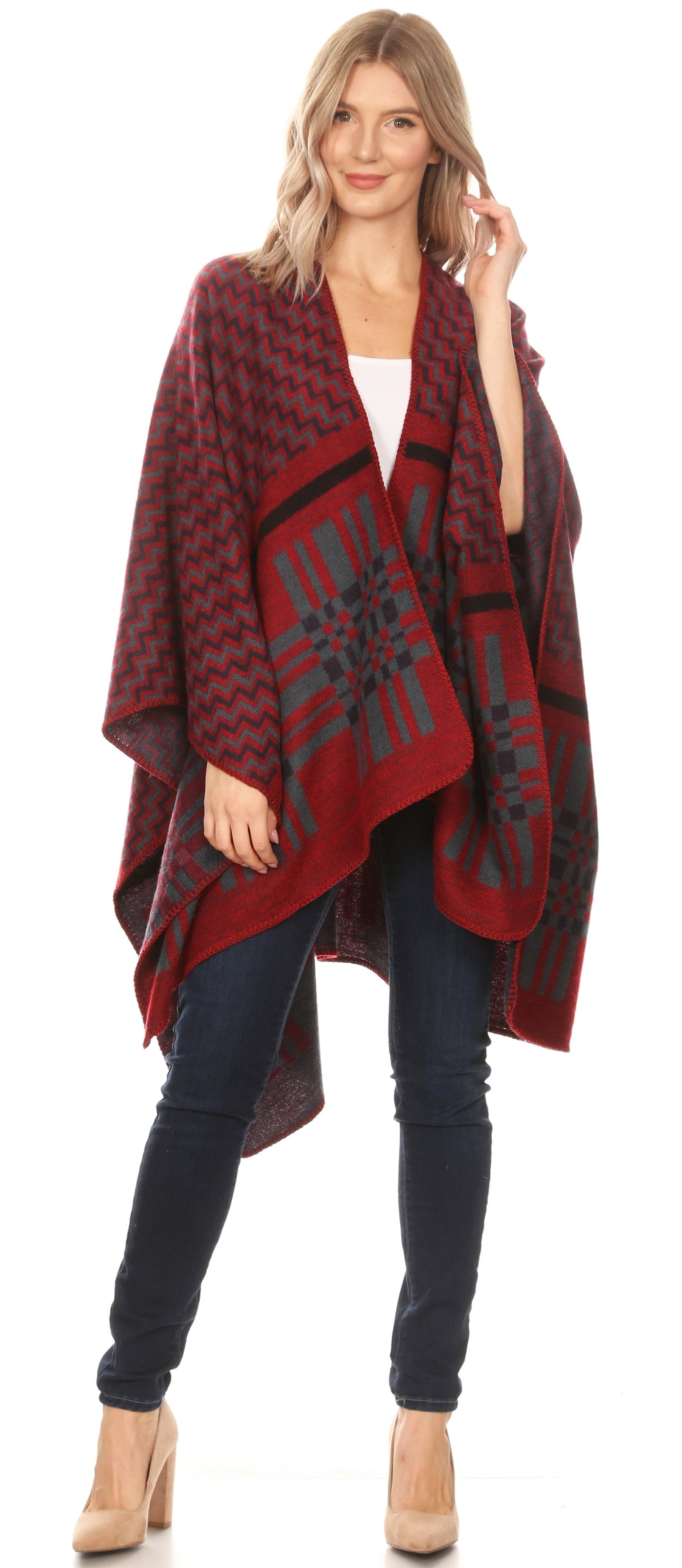 Sakkas Lupe Womens Reversible Poncho Wrap Cape Shawl Sweater Coat Cardigan Pattern - Concordia Style Boutique