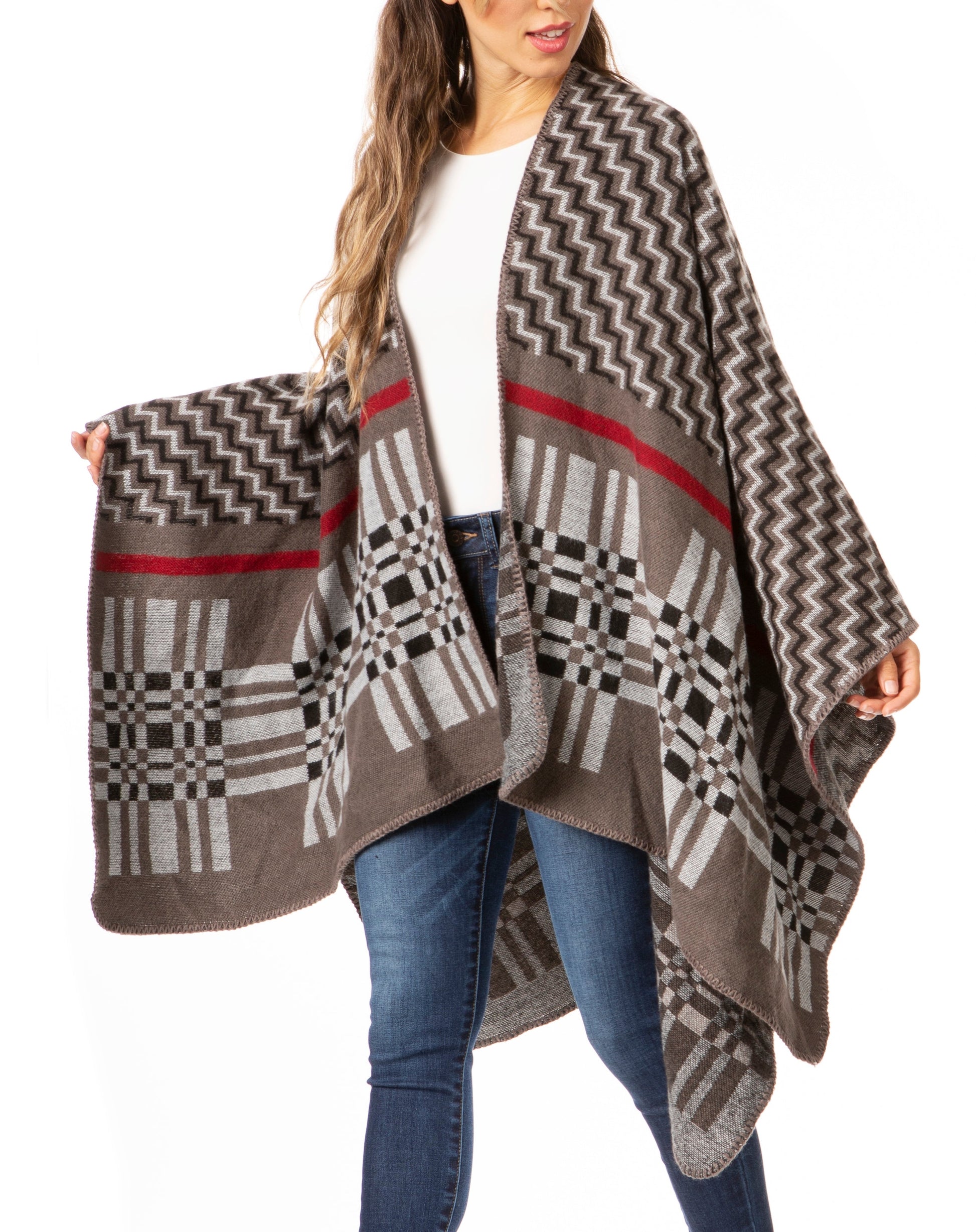 Sakkas Lupe Womens Reversible Poncho Wrap Cape Shawl Sweater Coat Cardigan Pattern - Concordia Style Boutique