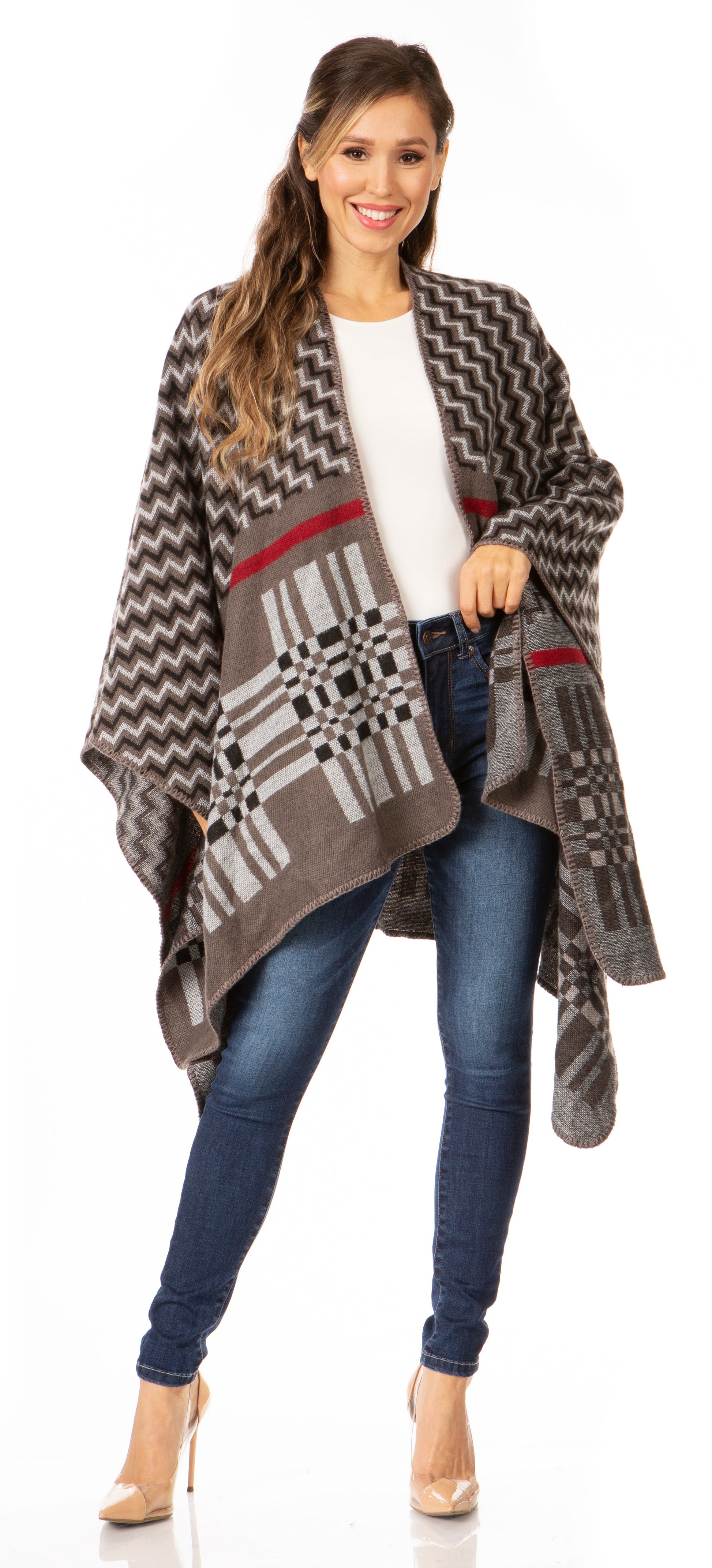 Sakkas Lupe Womens Reversible Poncho Wrap Cape Shawl Sweater Coat Cardigan Pattern - Concordia Style Boutique