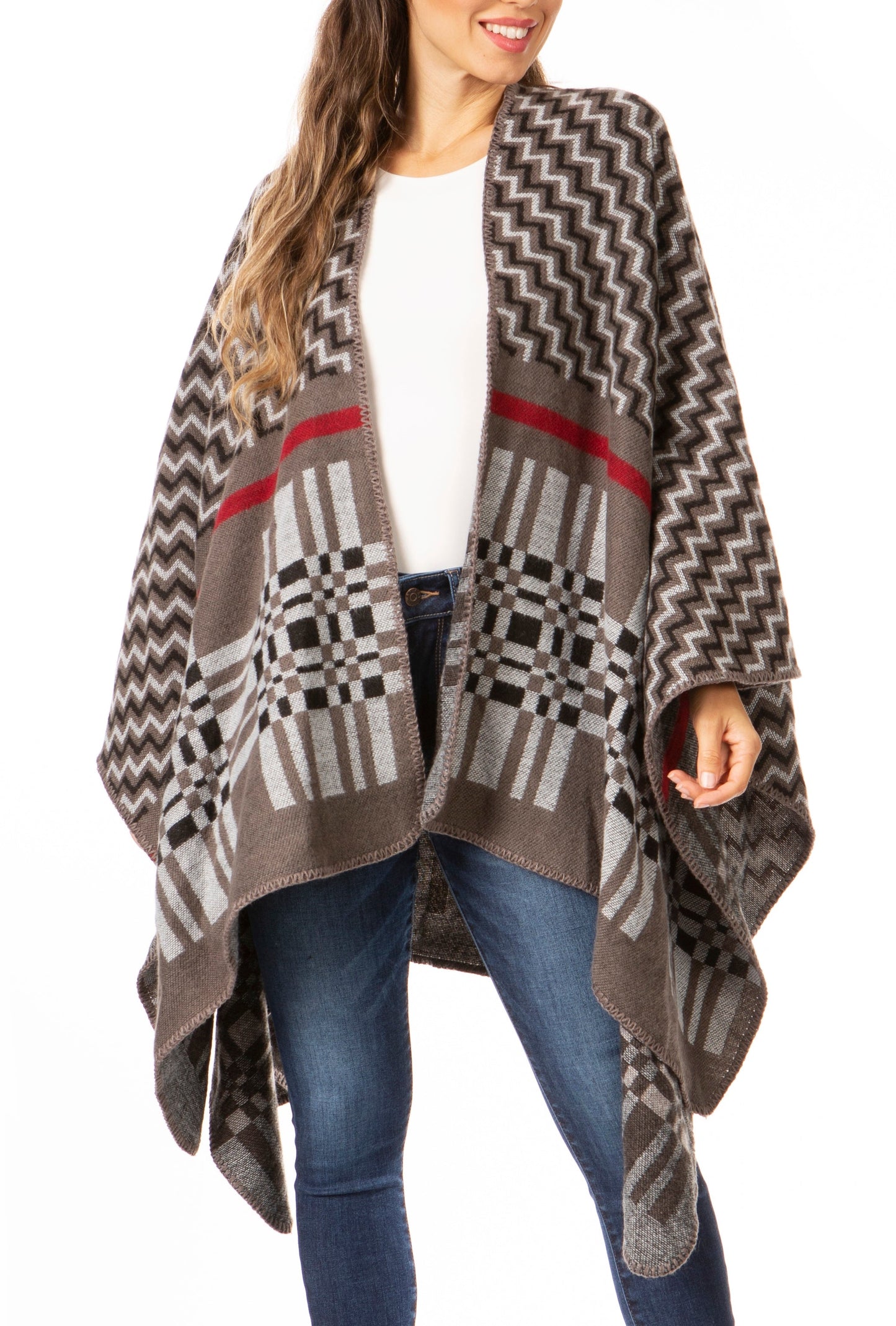 Sakkas Lupe Womens Reversible Poncho Wrap Cape Shawl Sweater Coat Cardigan Pattern - Concordia Style Boutique