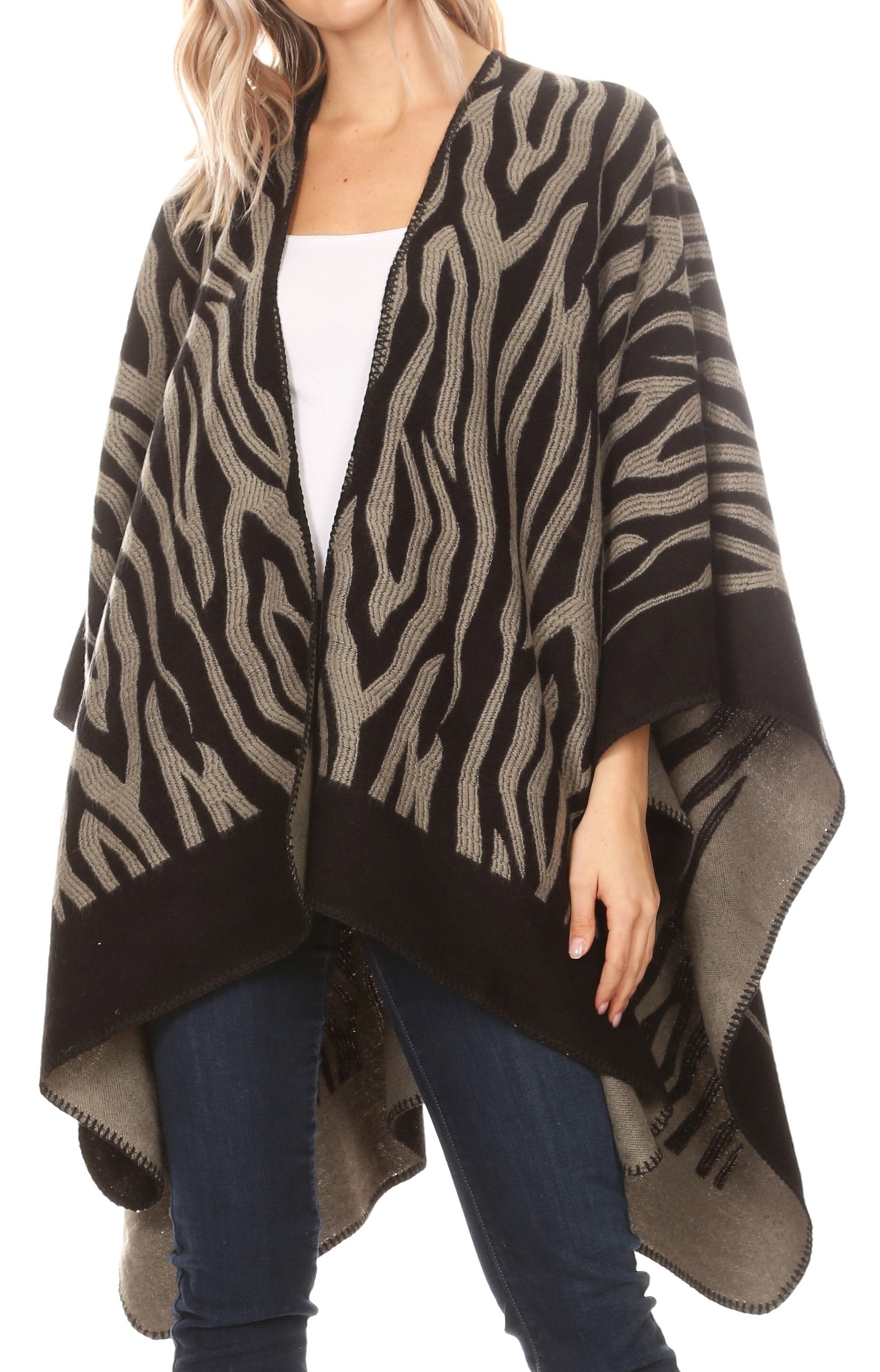 Sakkas Lupe Womens Reversible Poncho Wrap Cape Shawl Sweater Coat Cardigan Pattern - Concordia Style Boutique