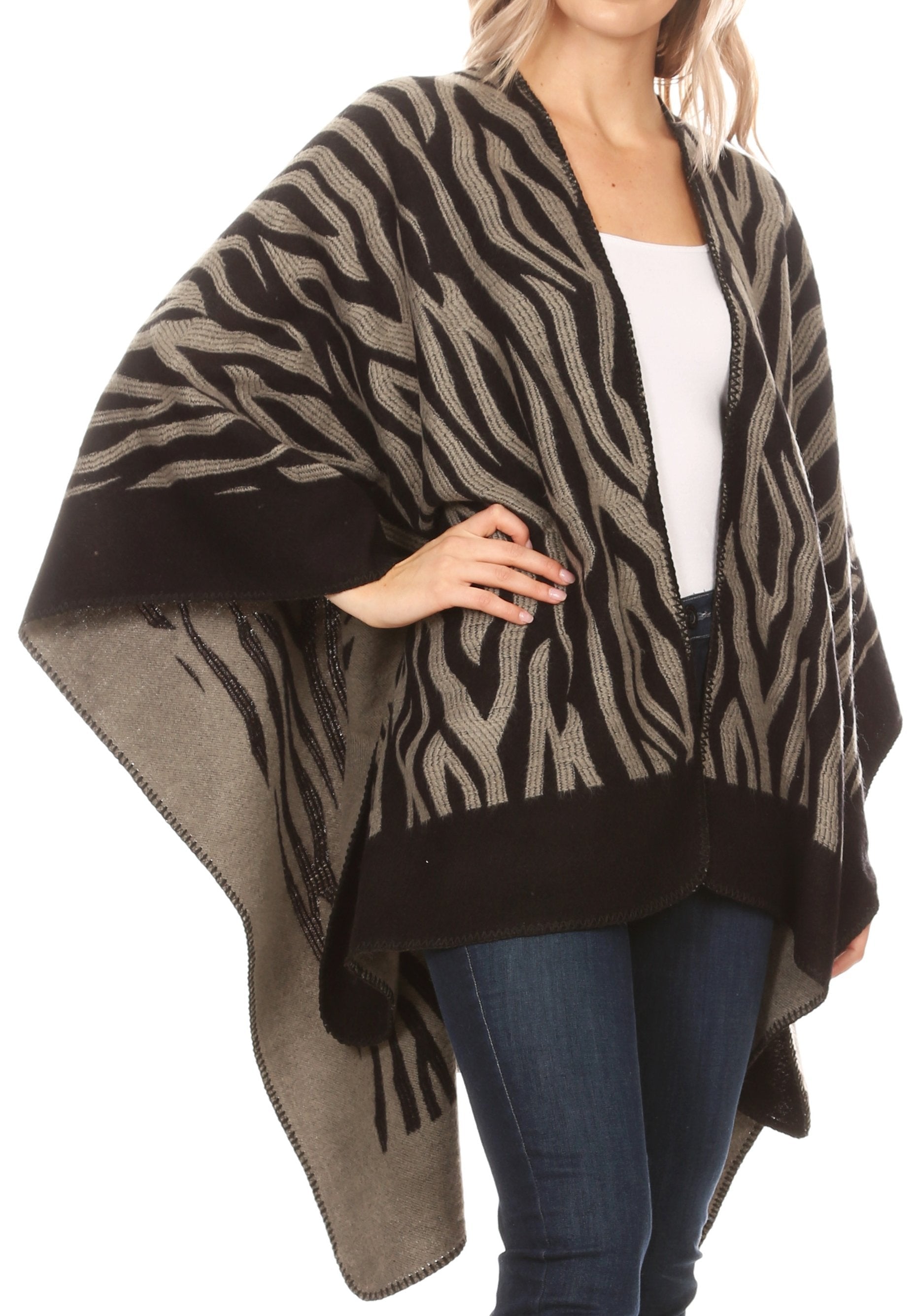 Sakkas Lupe Womens Reversible Poncho Wrap Cape Shawl Sweater Coat Cardigan Pattern - Concordia Style Boutique