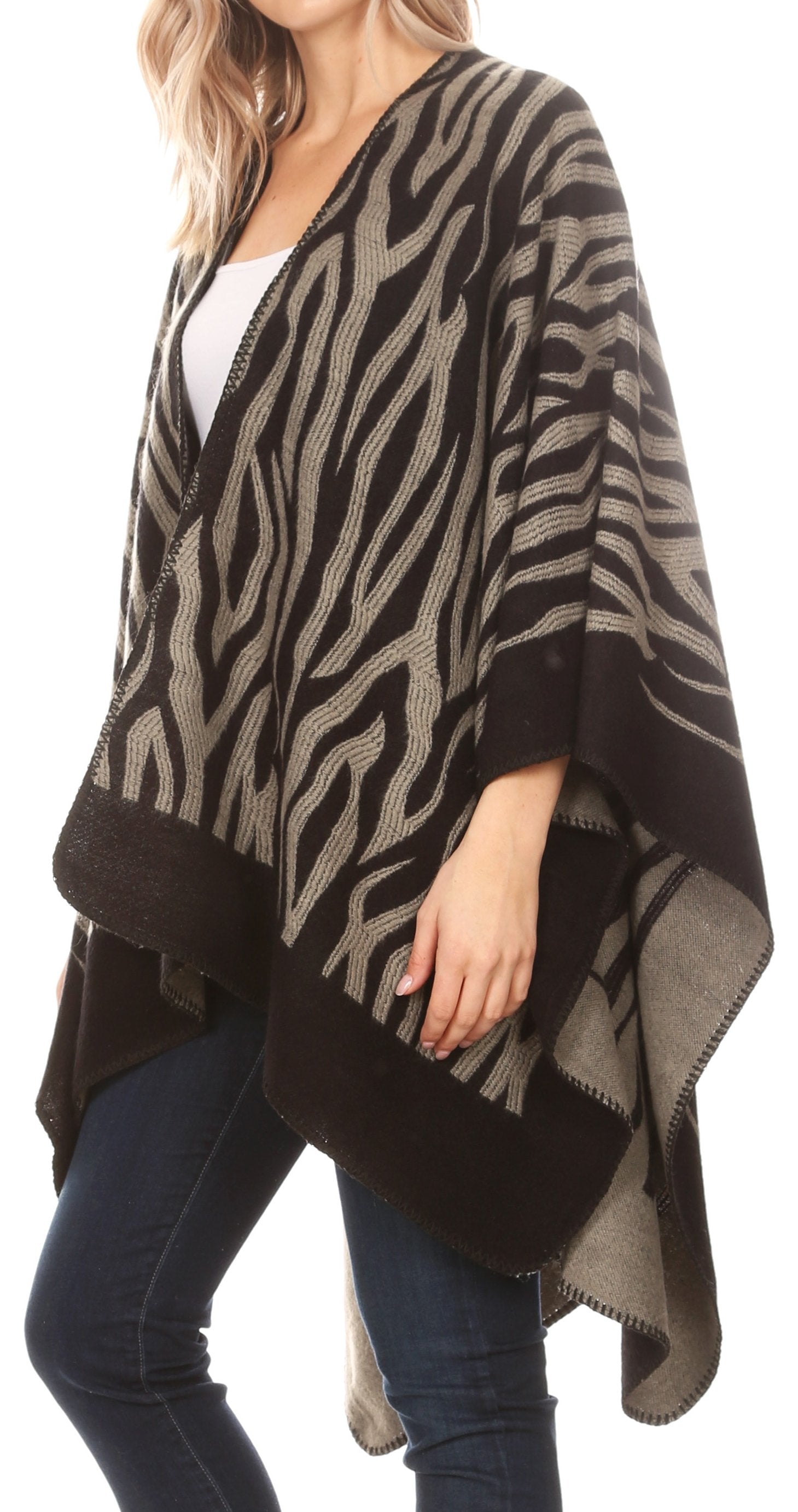 Sakkas Lupe Womens Reversible Poncho Wrap Cape Shawl Sweater Coat Cardigan Pattern - Concordia Style Boutique