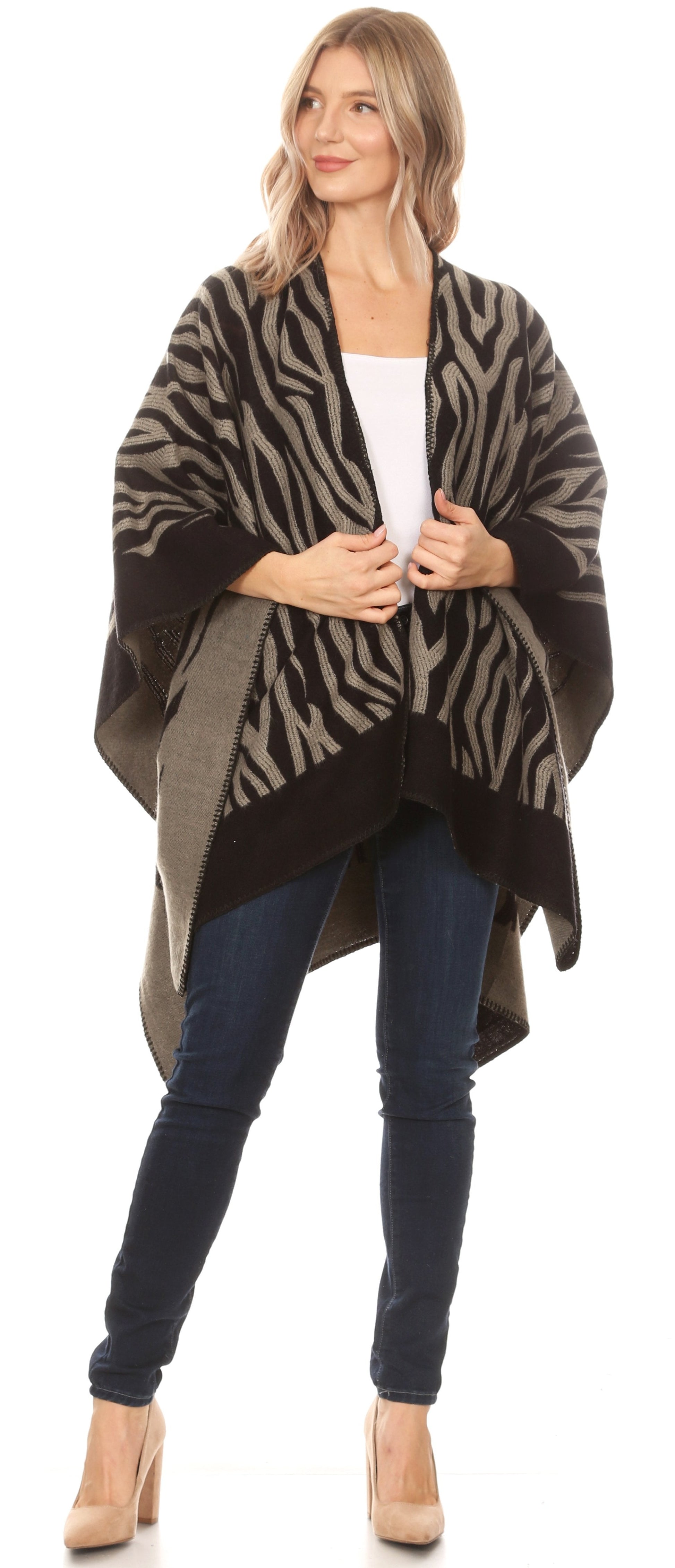 Sakkas Lupe Womens Reversible Poncho Wrap Cape Shawl Sweater Coat Cardigan Pattern - Concordia Style Boutique