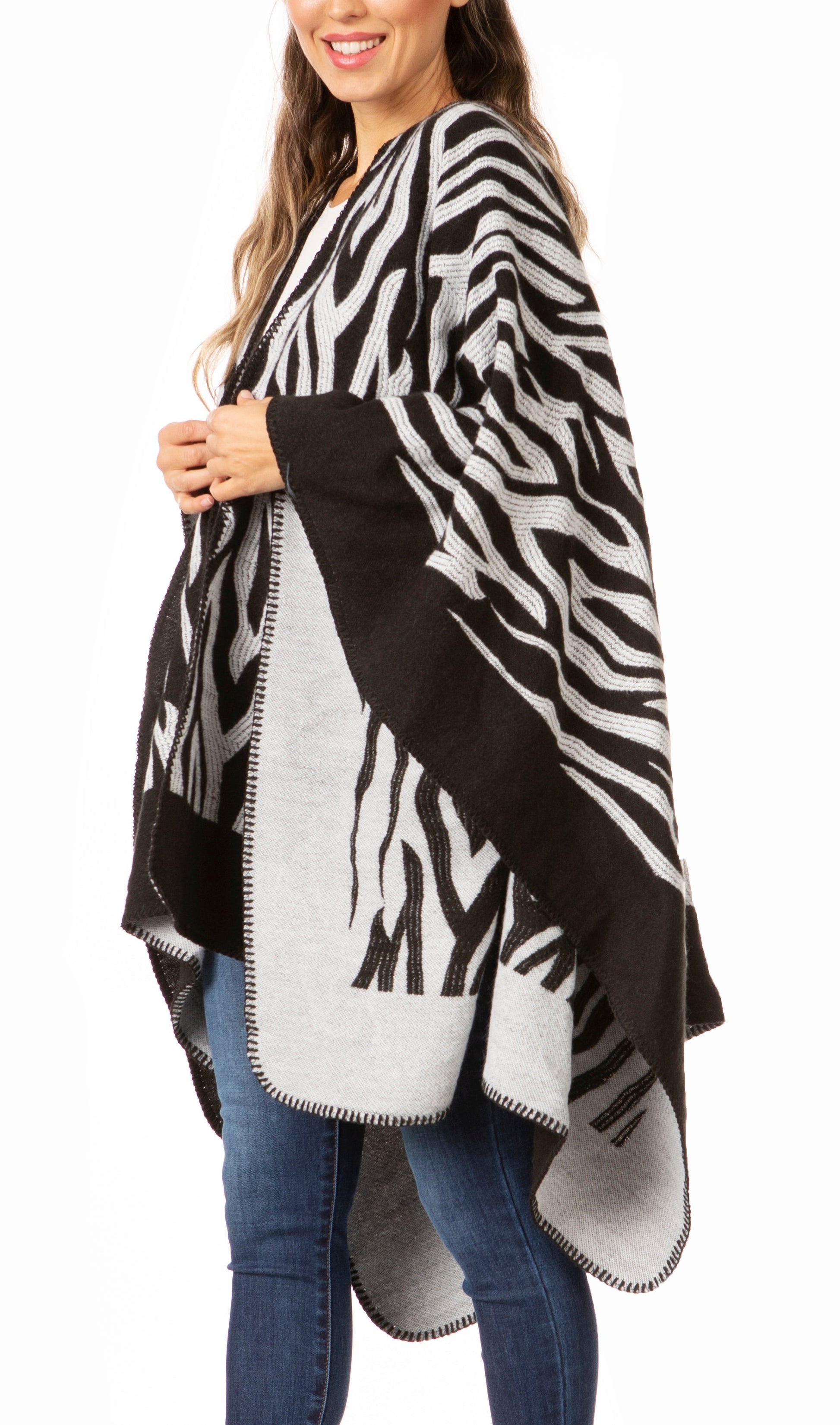 Sakkas Lupe Womens Reversible Poncho Wrap Cape Shawl Sweater Coat Cardigan Pattern - Concordia Style Boutique
