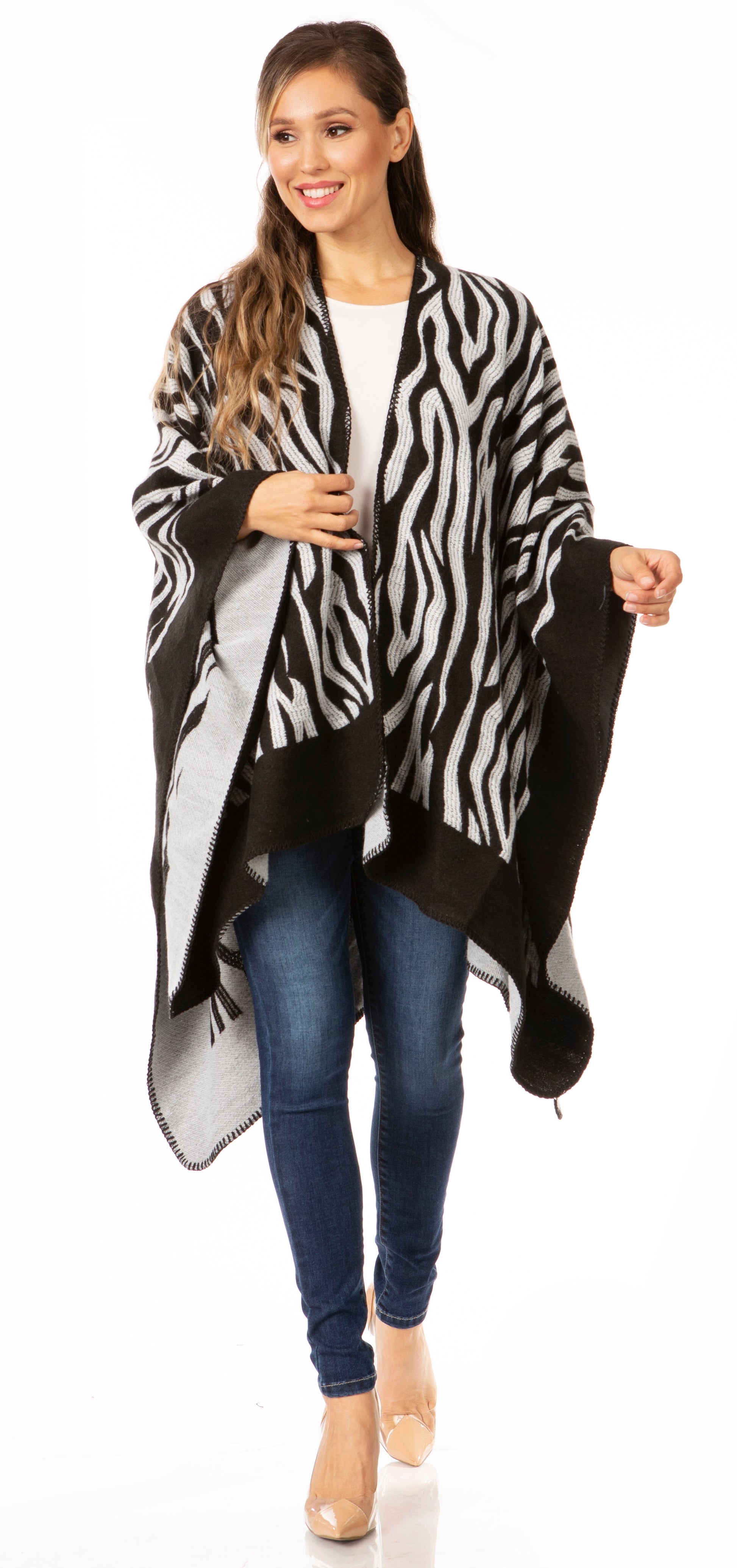 Sakkas Lupe Womens Reversible Poncho Wrap Cape Shawl Sweater Coat Cardigan Pattern - Concordia Style Boutique