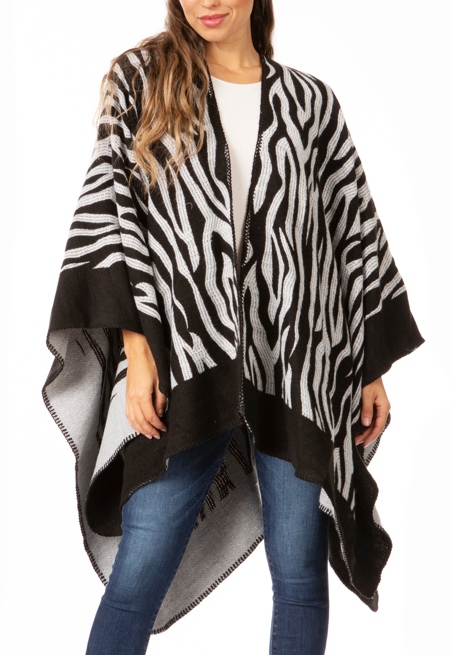 Sakkas Lupe Womens Reversible Poncho Wrap Cape Shawl Sweater Coat Cardigan Pattern - Concordia Style Boutique