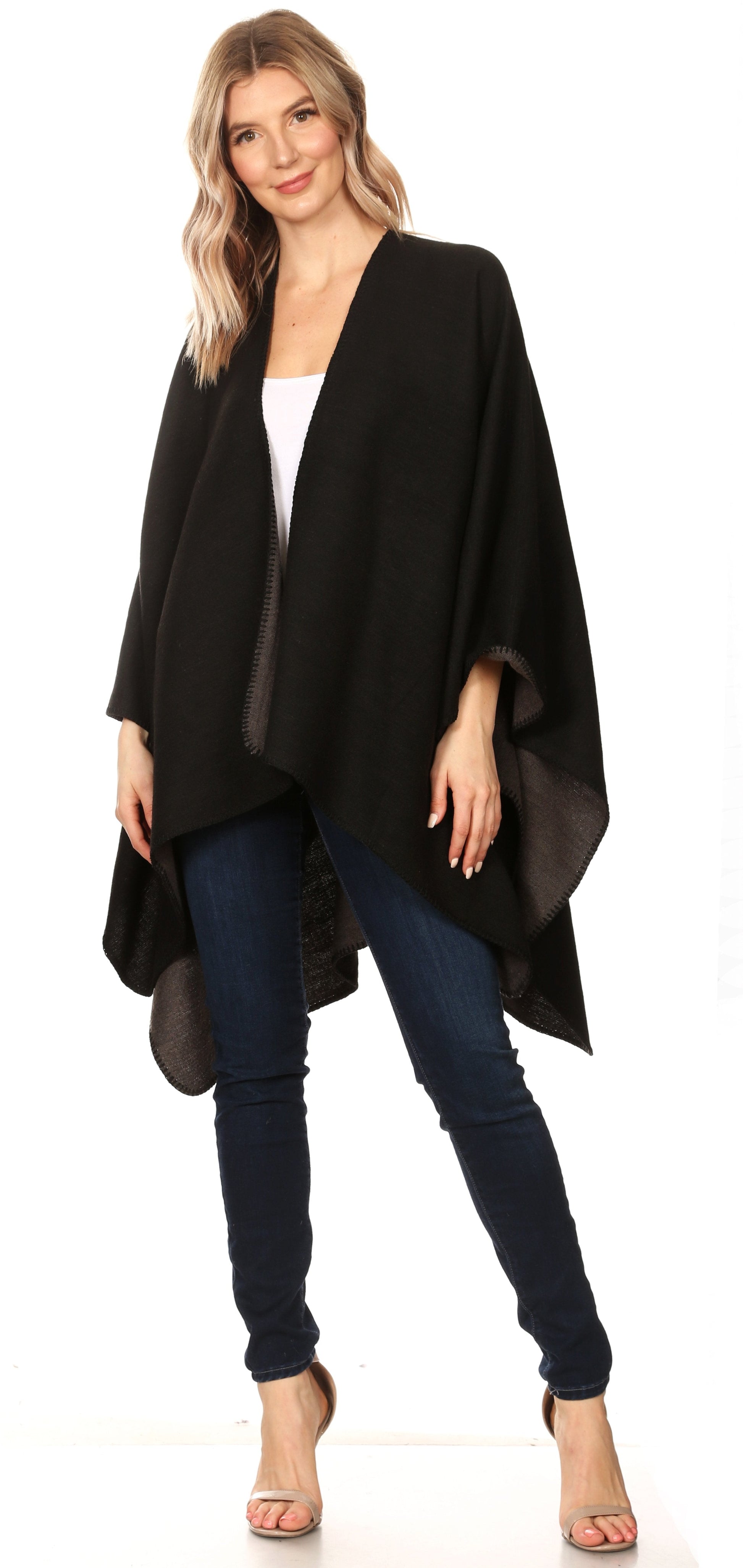 Sakkas Mari Women's Reversible Large Poncho Shawl Wrap Scarf Cape Ruana Blanket - Concordia Style Boutique