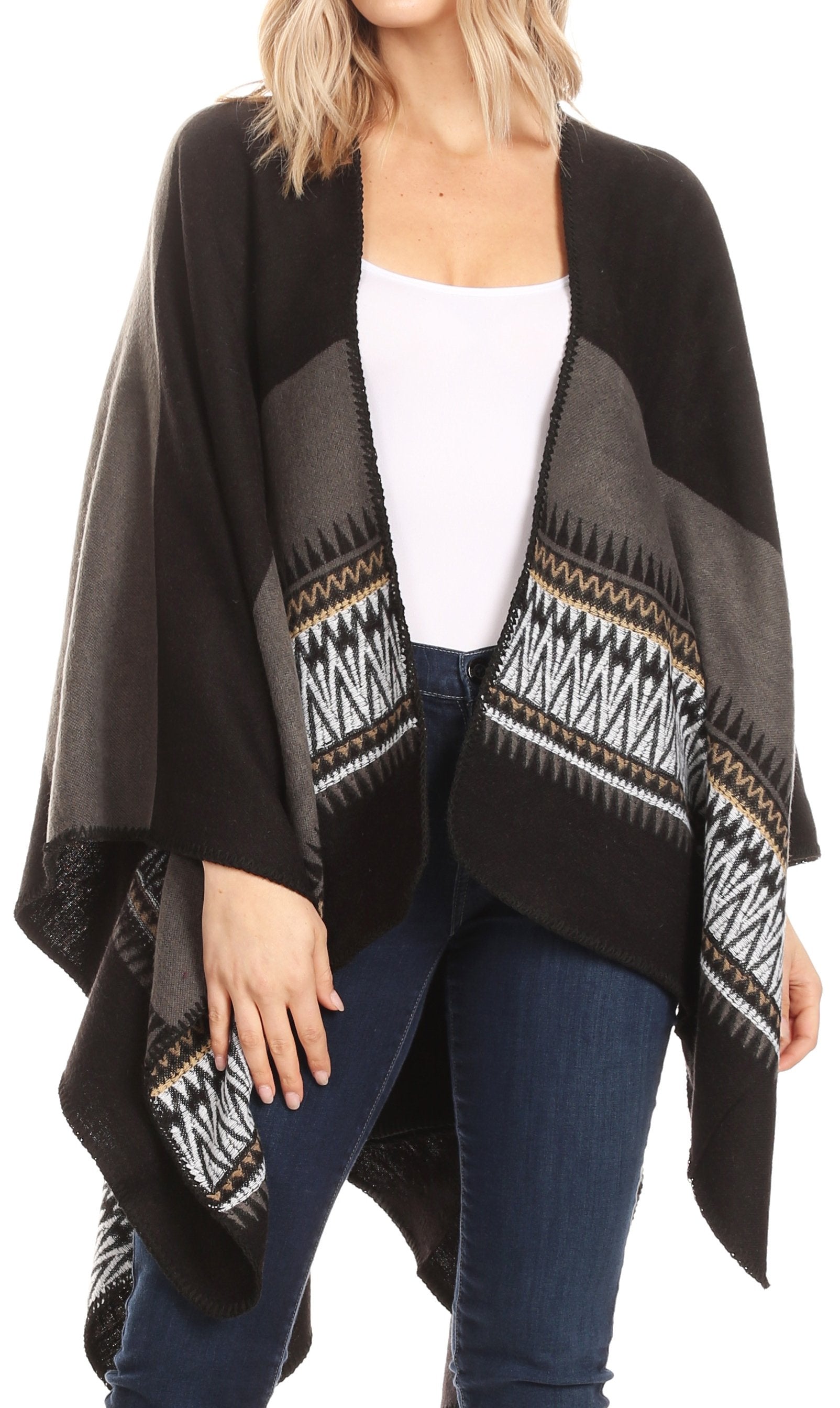 Sakkas Mari Women's Reversible Large Poncho Shawl Wrap Scarf Cape Ruana Blanket - Concordia Style Boutique