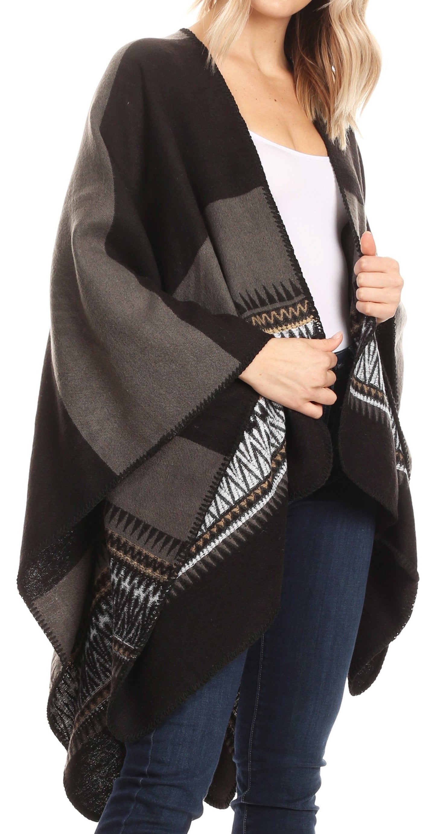 Sakkas Mari Women's Reversible Large Poncho Shawl Wrap Scarf Cape Ruana Blanket - Concordia Style Boutique