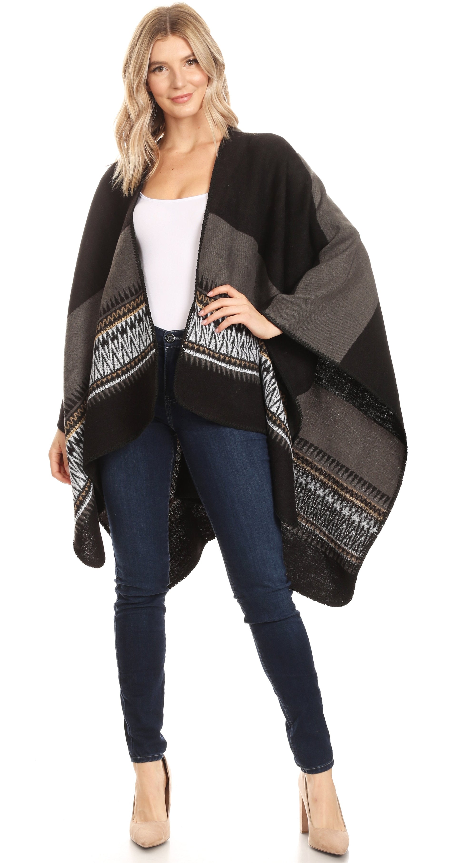 Sakkas Mari Women's Reversible Large Poncho Shawl Wrap Scarf Cape Ruana Blanket - Concordia Style Boutique