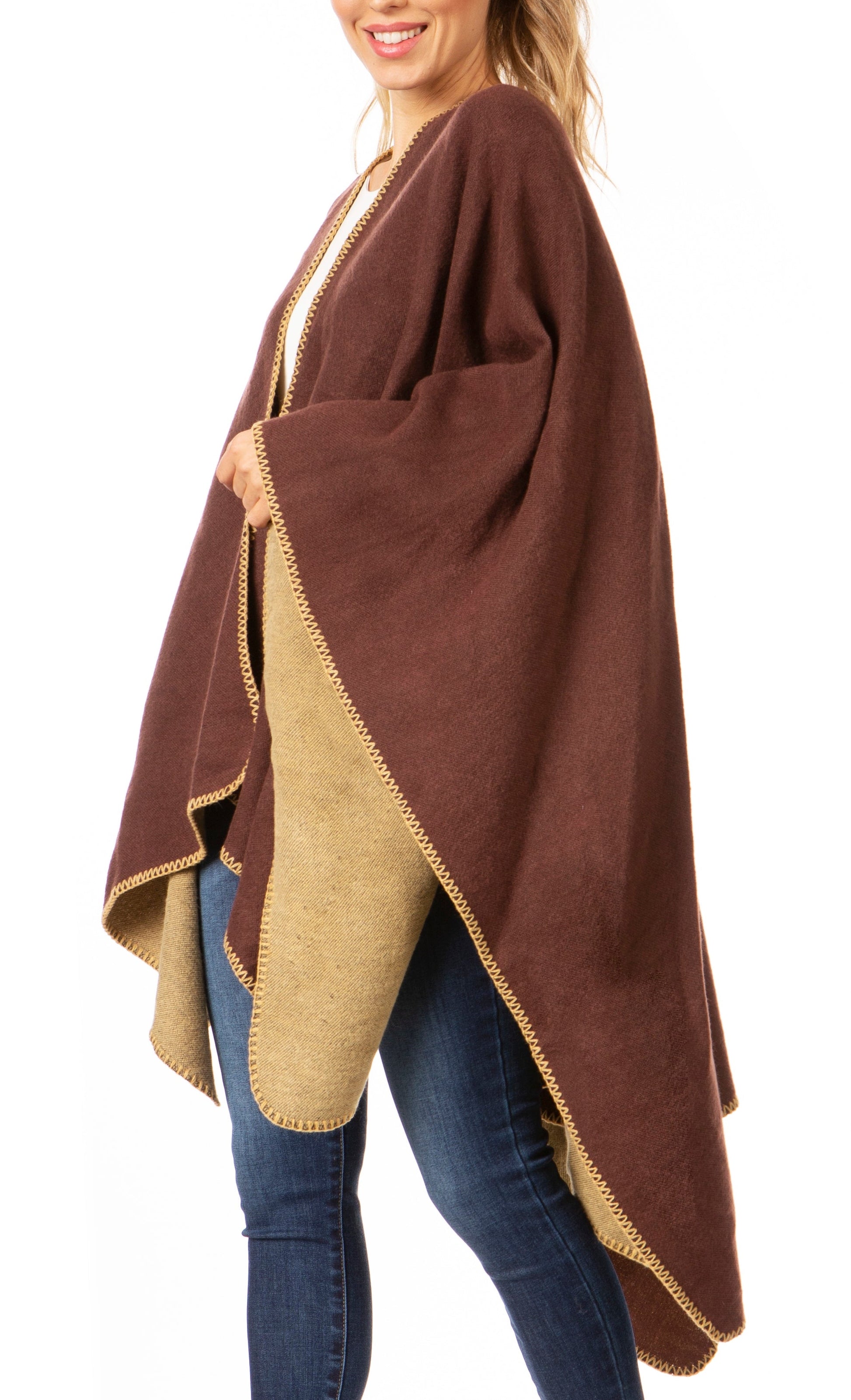 Sakkas Mari Women's Reversible Large Poncho Shawl Wrap Scarf Cape Ruana Blanket - Concordia Style Boutique
