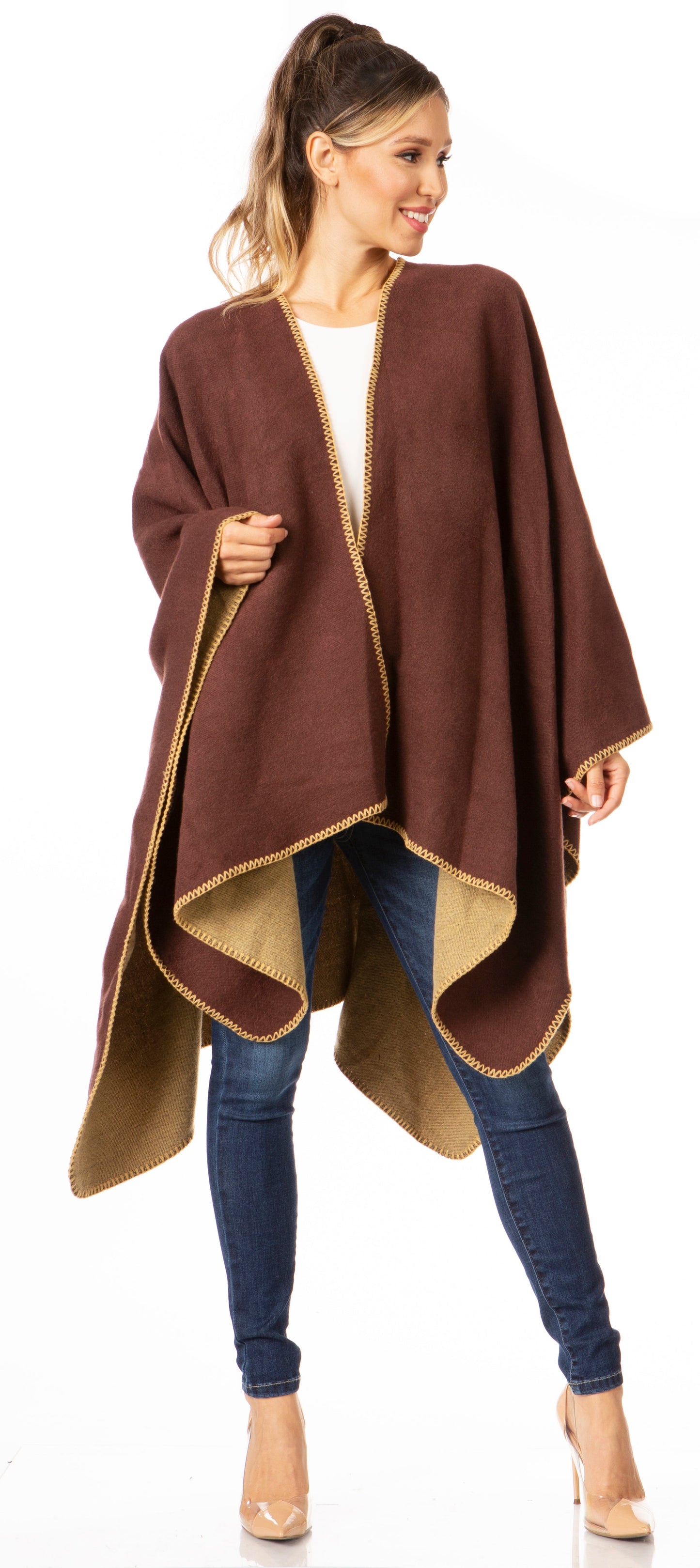 Sakkas Mari Women's Reversible Large Poncho Shawl Wrap Scarf Cape Ruana Blanket - Concordia Style Boutique