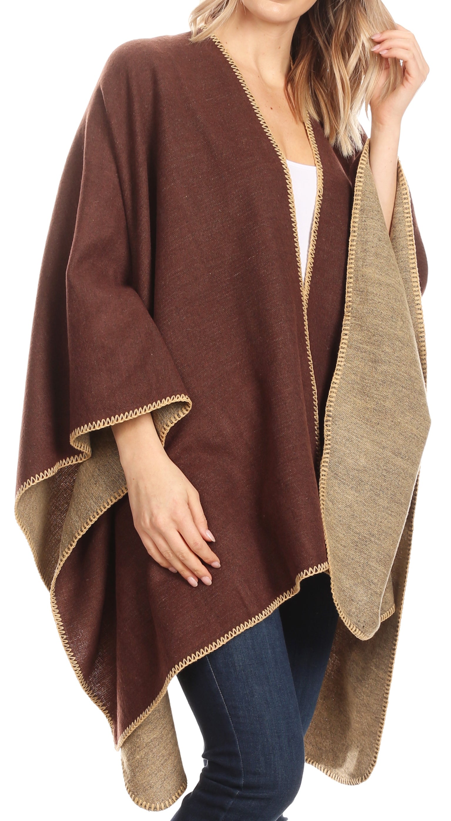 Sakkas Mari Women's Reversible Large Poncho Shawl Wrap Scarf Cape Ruana Blanket - Concordia Style Boutique