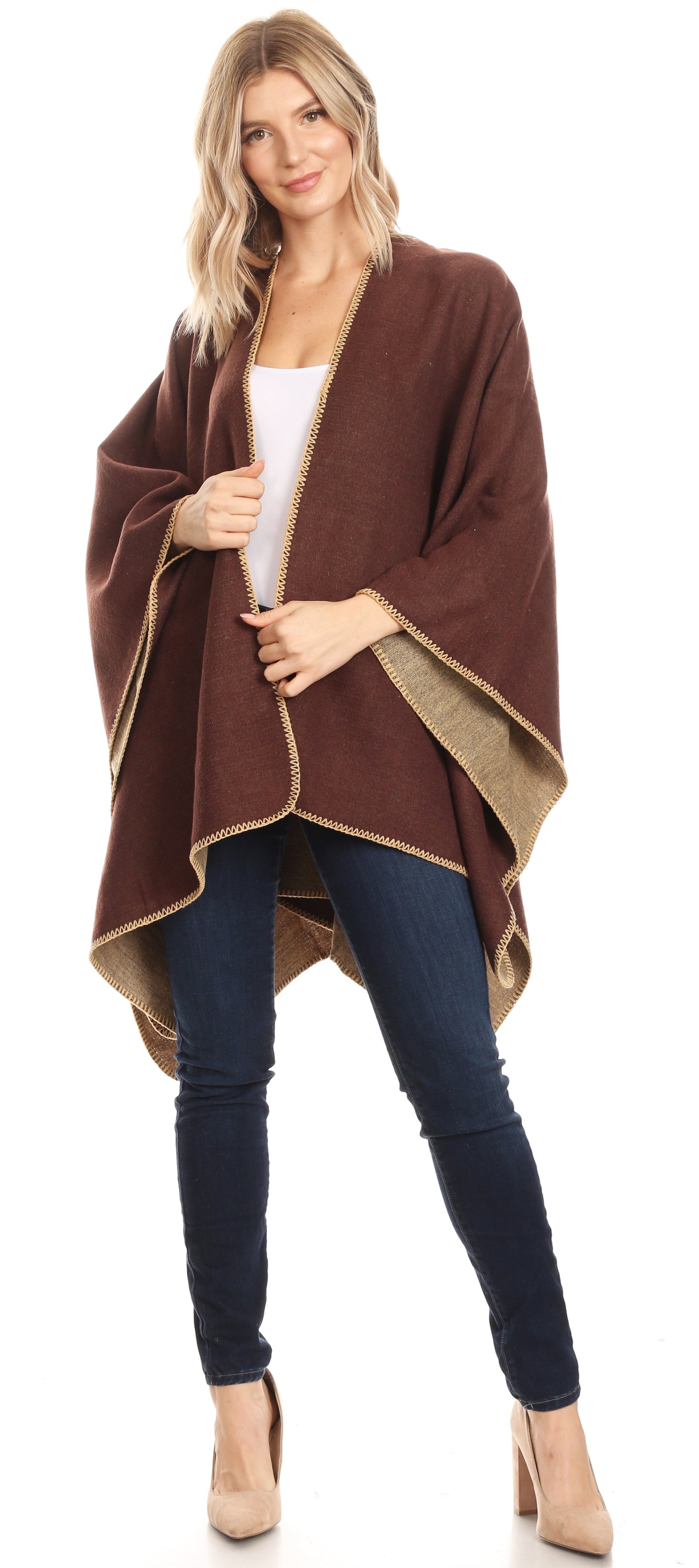 Sakkas Mari Women's Reversible Large Poncho Shawl Wrap Scarf Cape Ruana Blanket - Concordia Style Boutique