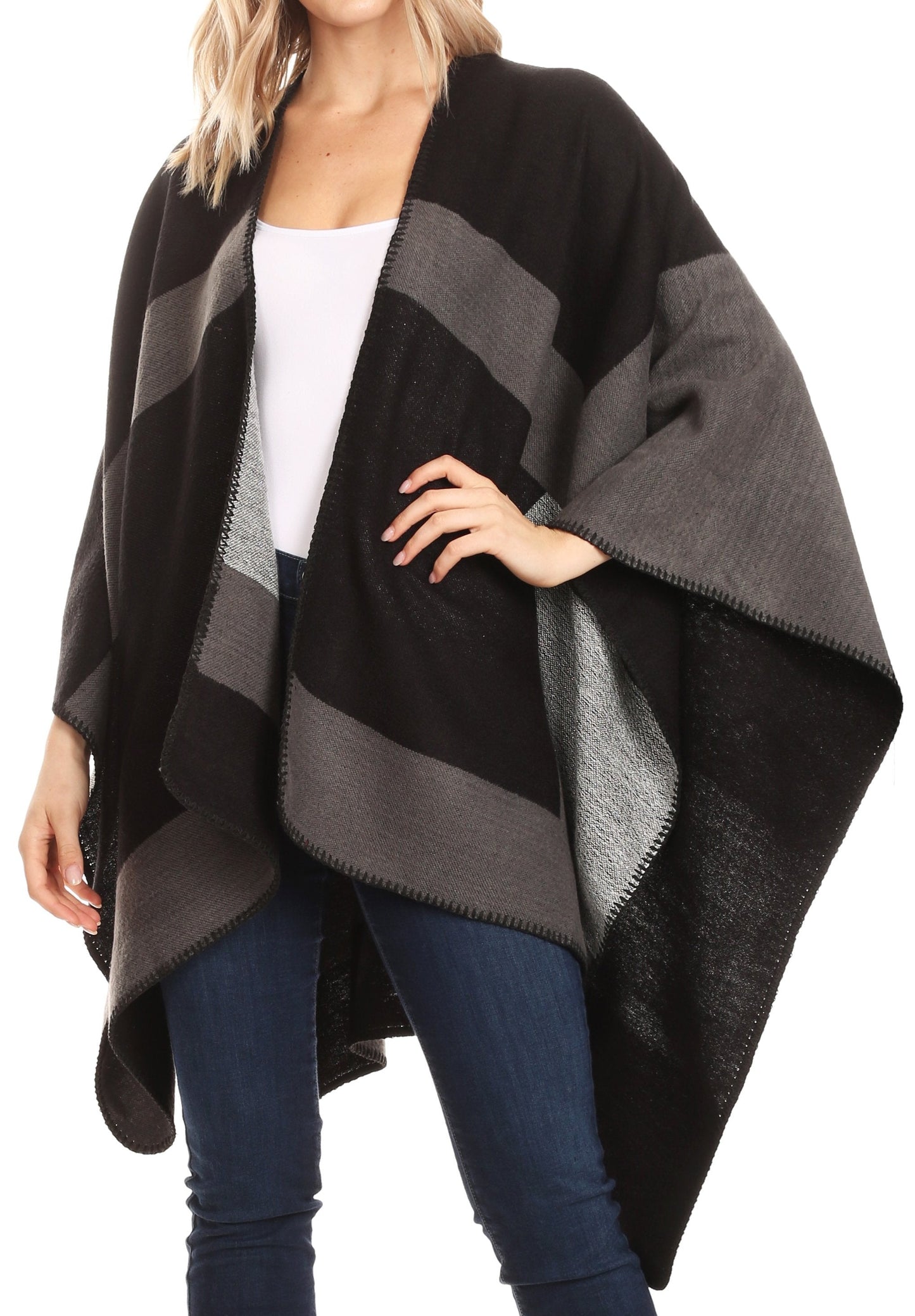 Sakkas Mari Women's Reversible Large Poncho Shawl Wrap Scarf Cape Ruana Blanket - Concordia Style Boutique