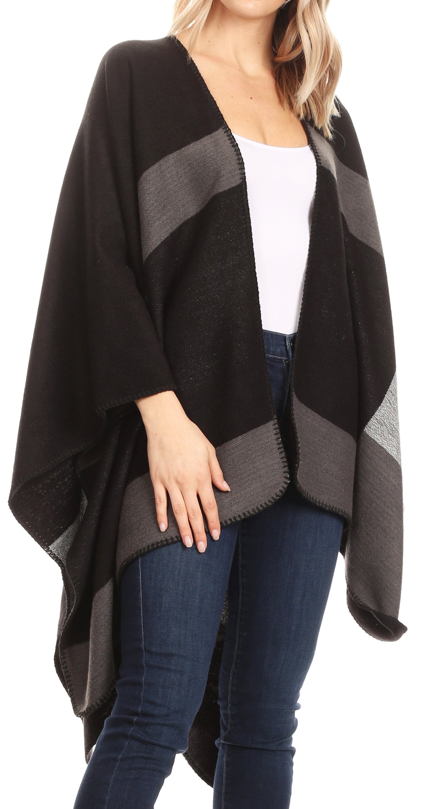 Sakkas Mari Women's Reversible Large Poncho Shawl Wrap Scarf Cape Ruana Blanket - Concordia Style Boutique