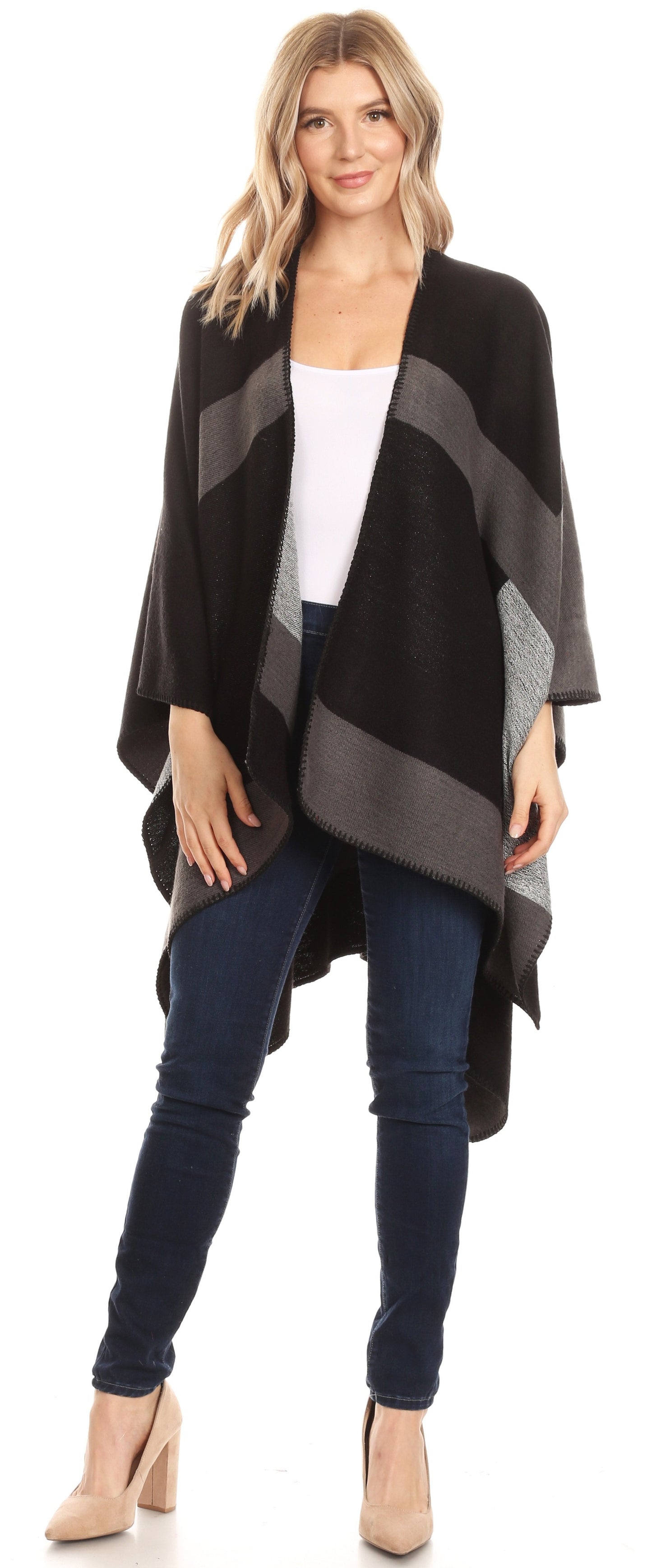 Sakkas Mari Women's Reversible Large Poncho Shawl Wrap Scarf Cape Ruana Blanket - Concordia Style Boutique