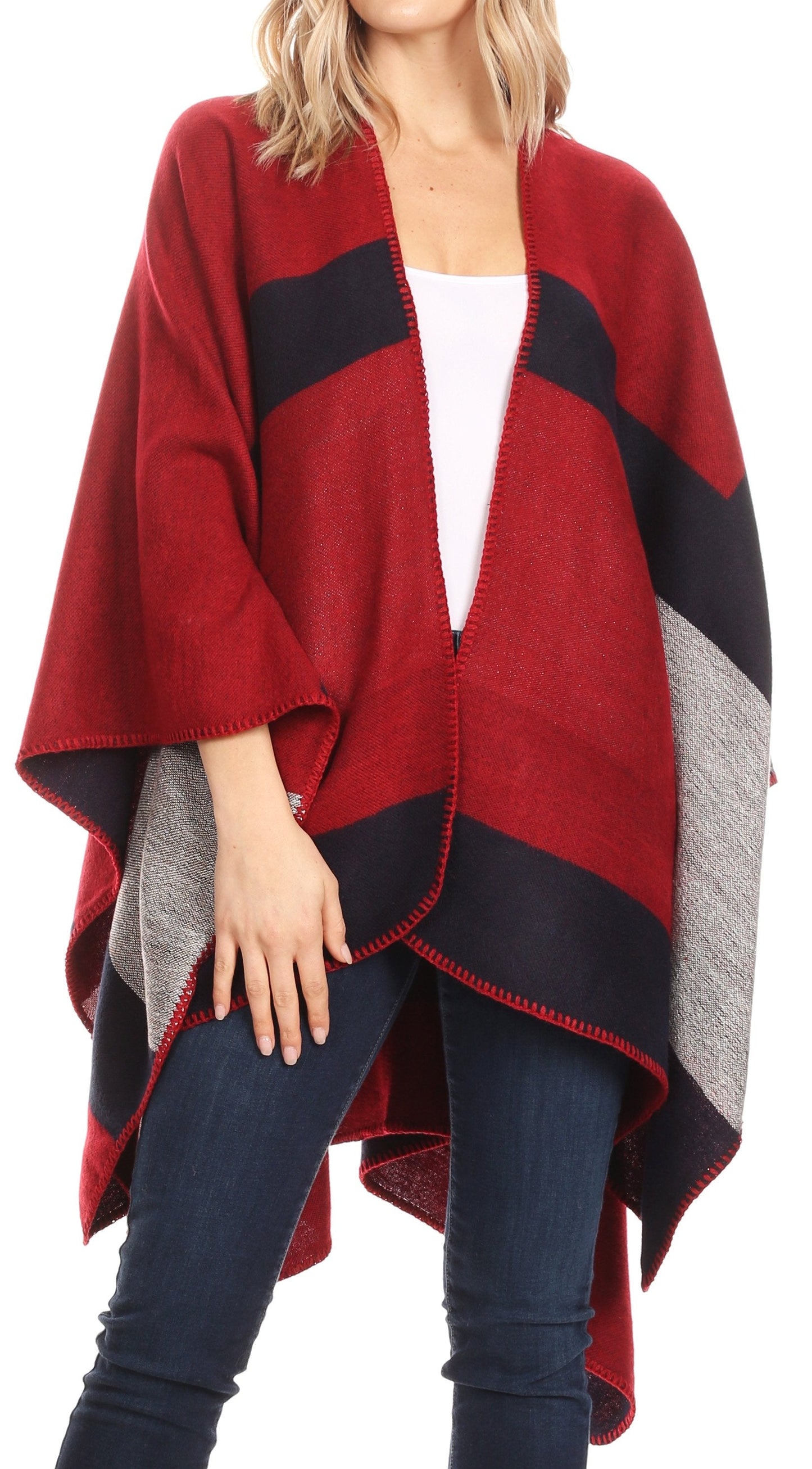 Sakkas Mari Women's Reversible Large Poncho Shawl Wrap Scarf Cape Ruana Blanket - Concordia Style Boutique