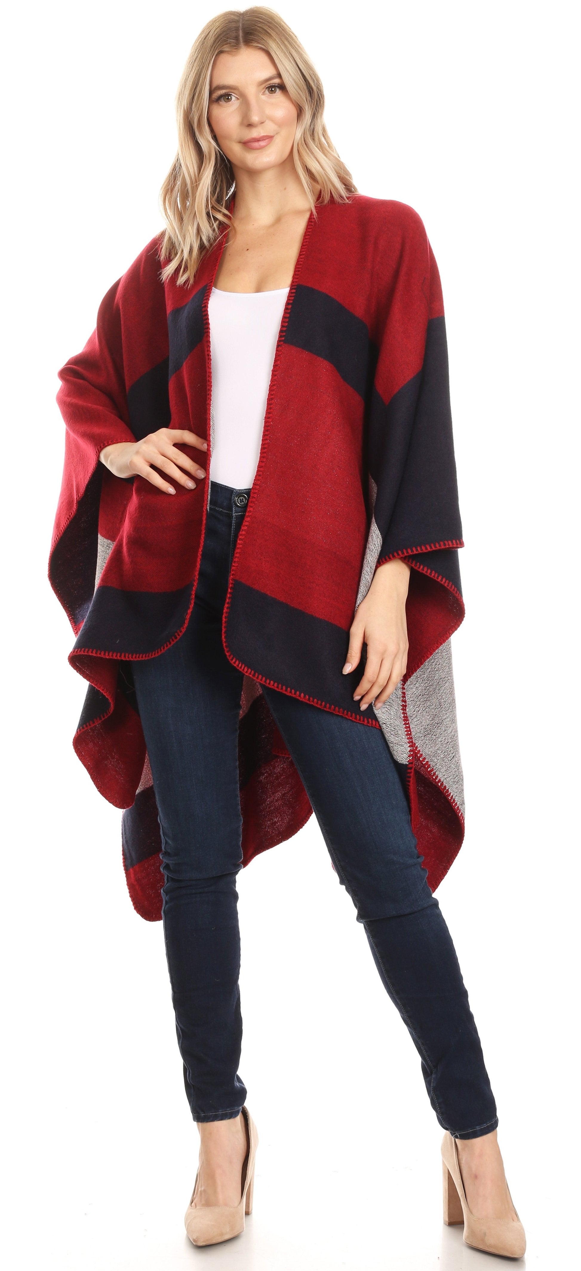 Sakkas Mari Women's Reversible Large Poncho Shawl Wrap Scarf Cape Ruana Blanket - Concordia Style Boutique