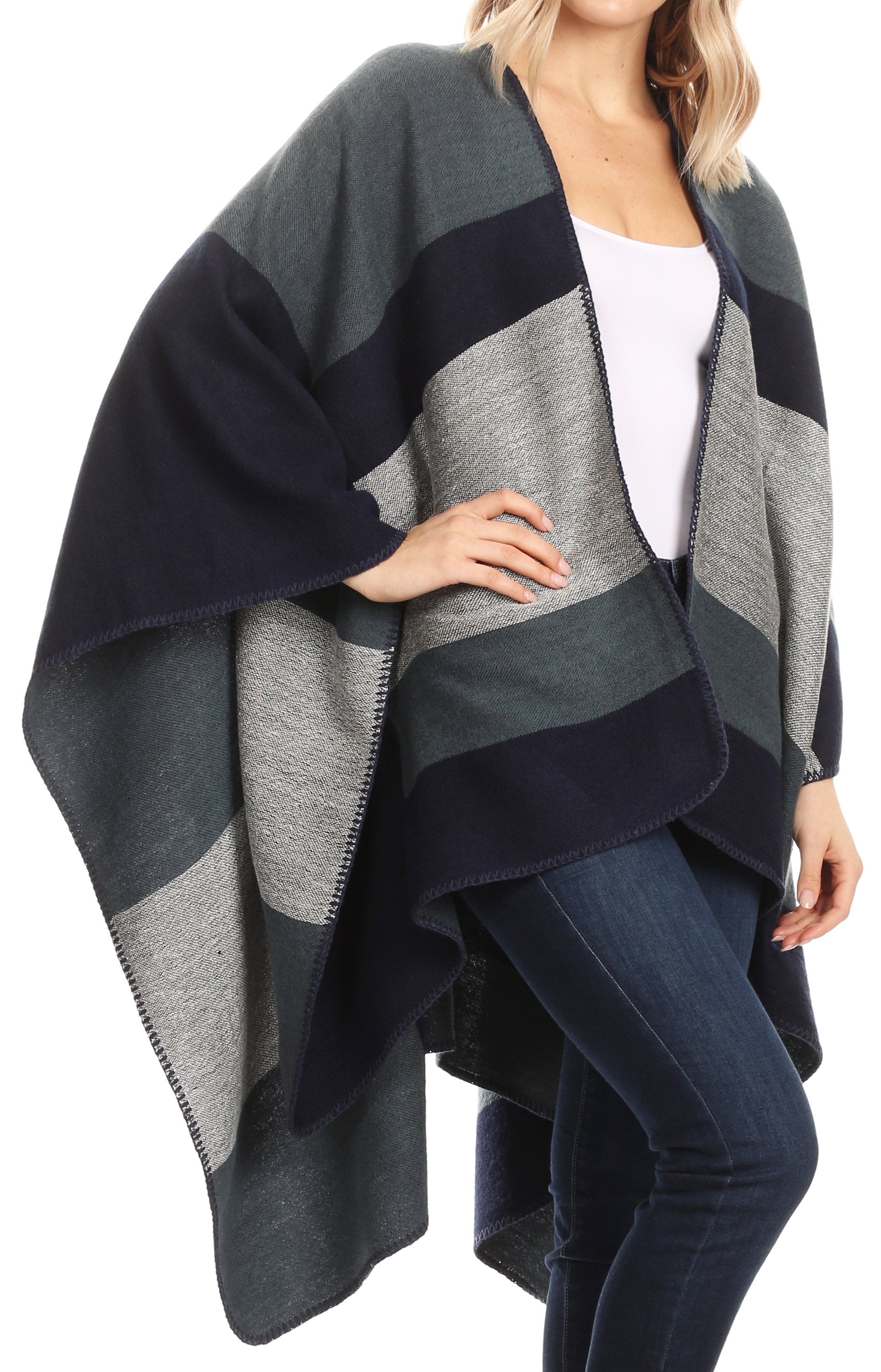 Sakkas Mari Women's Reversible Large Poncho Shawl Wrap Scarf Cape Ruana Blanket - Concordia Style Boutique