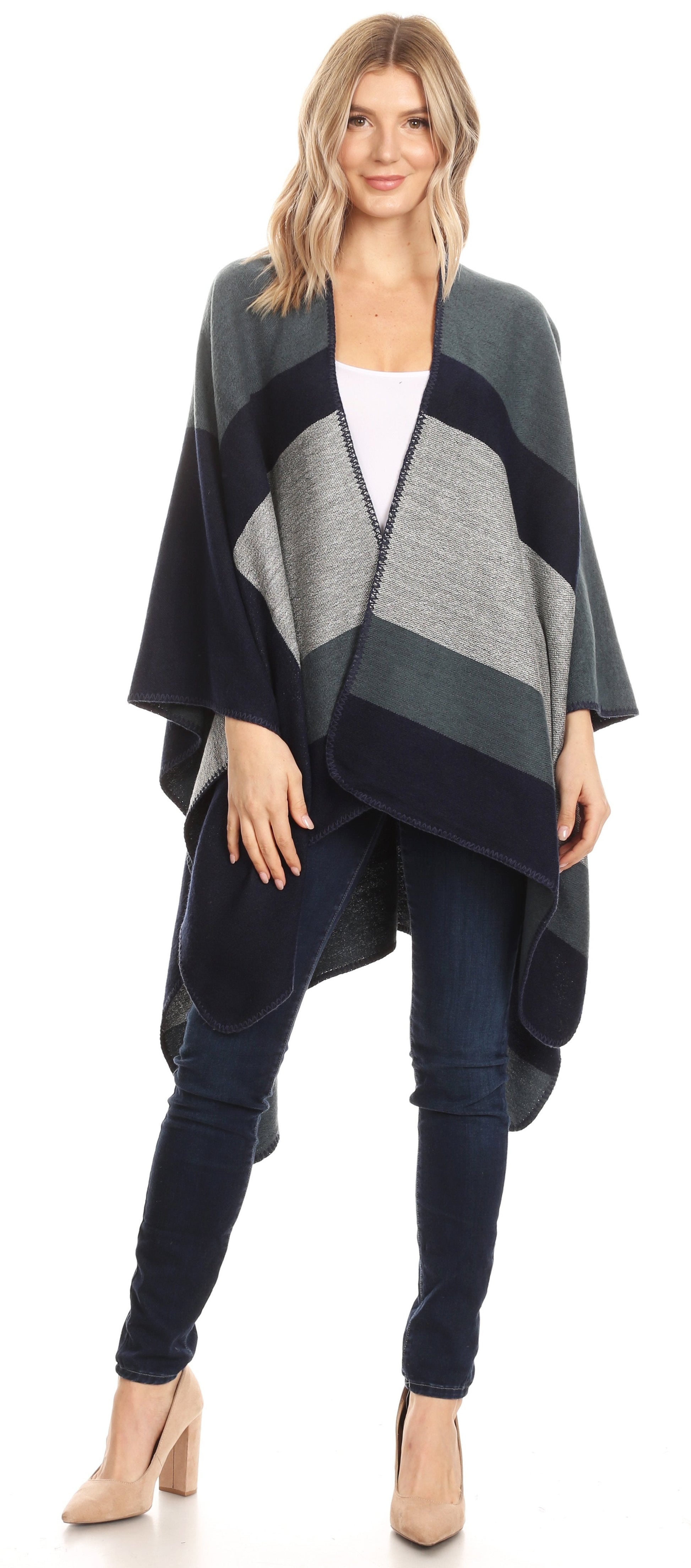 Sakkas Mari Women's Reversible Large Poncho Shawl Wrap Scarf Cape Ruana Blanket - Concordia Style Boutique