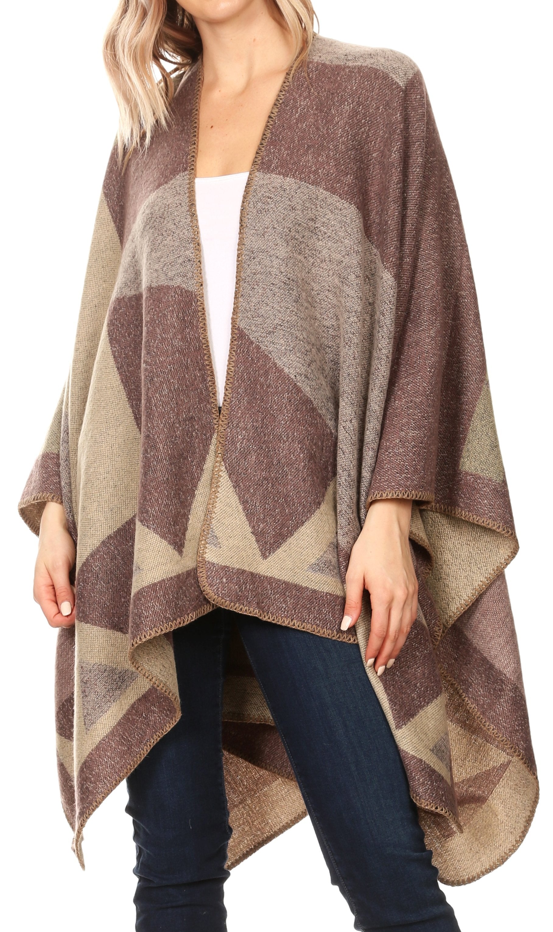 Sakkas Mari Women's Reversible Large Poncho Shawl Wrap Scarf Cape Ruana Blanket - Concordia Style Boutique