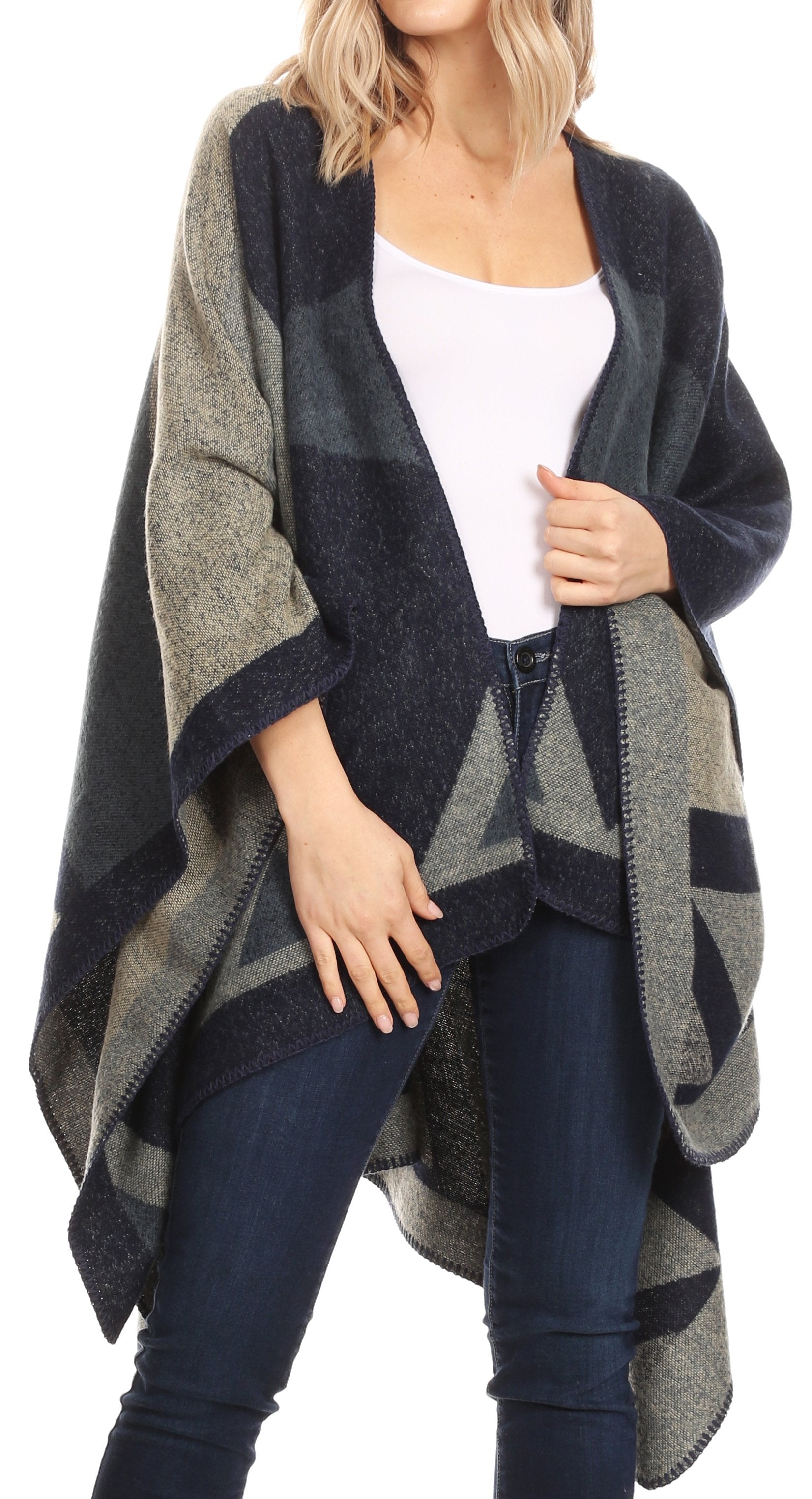 Sakkas Mari Women's Reversible Large Poncho Shawl Wrap Scarf Cape Ruana Blanket - Concordia Style Boutique