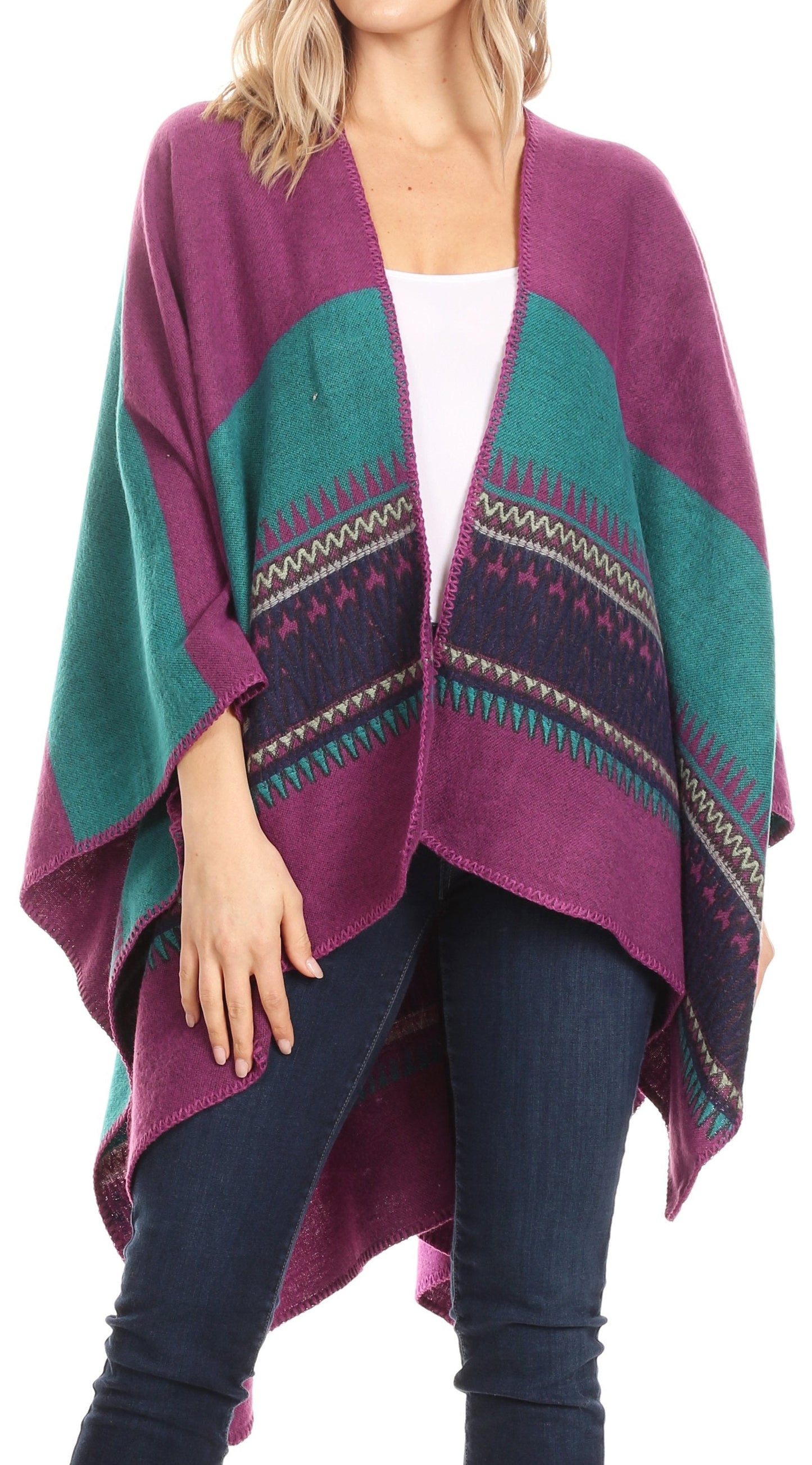 Sakkas Mari Women's Reversible Large Poncho Shawl Wrap Scarf Cape Ruana Blanket - Concordia Style Boutique