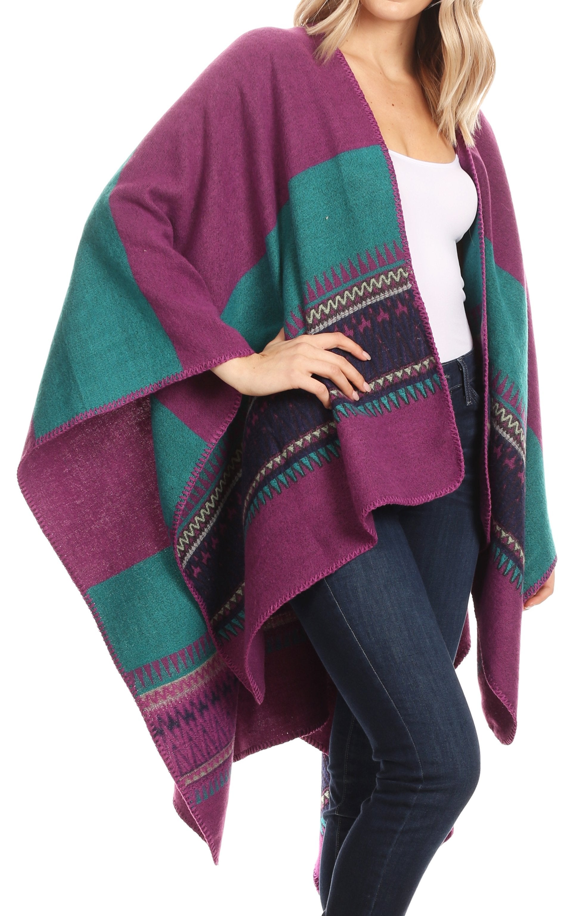 Sakkas Mari Women's Reversible Large Poncho Shawl Wrap Scarf Cape Ruana Blanket - Concordia Style Boutique
