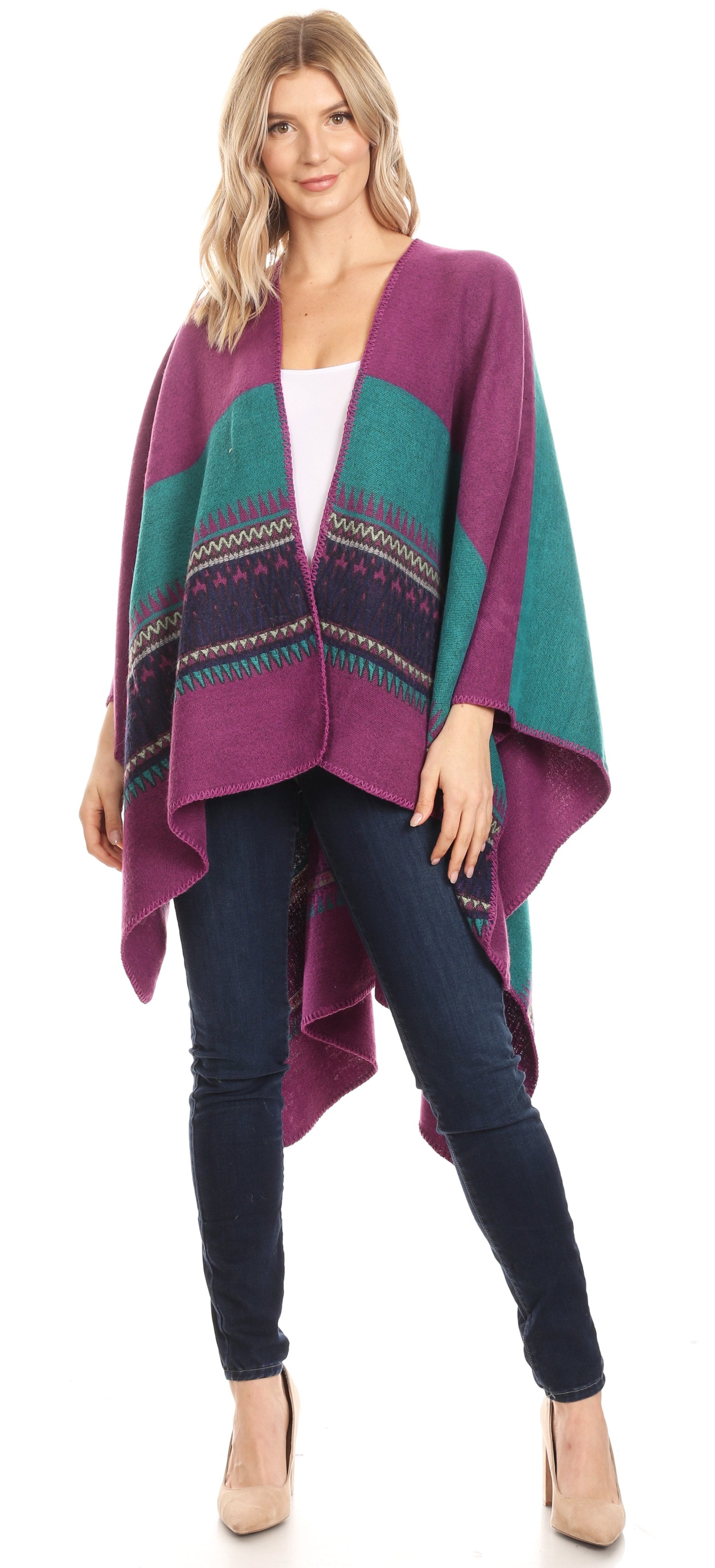 Sakkas Mari Women's Reversible Large Poncho Shawl Wrap Scarf Cape Ruana Blanket - Concordia Style Boutique
